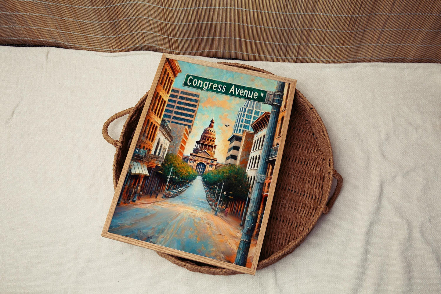 Austin Congress Ave Wall Art Print - Travel Poster Texas Decor, Austin Gift, Housewarming & Souvenir Travel Art