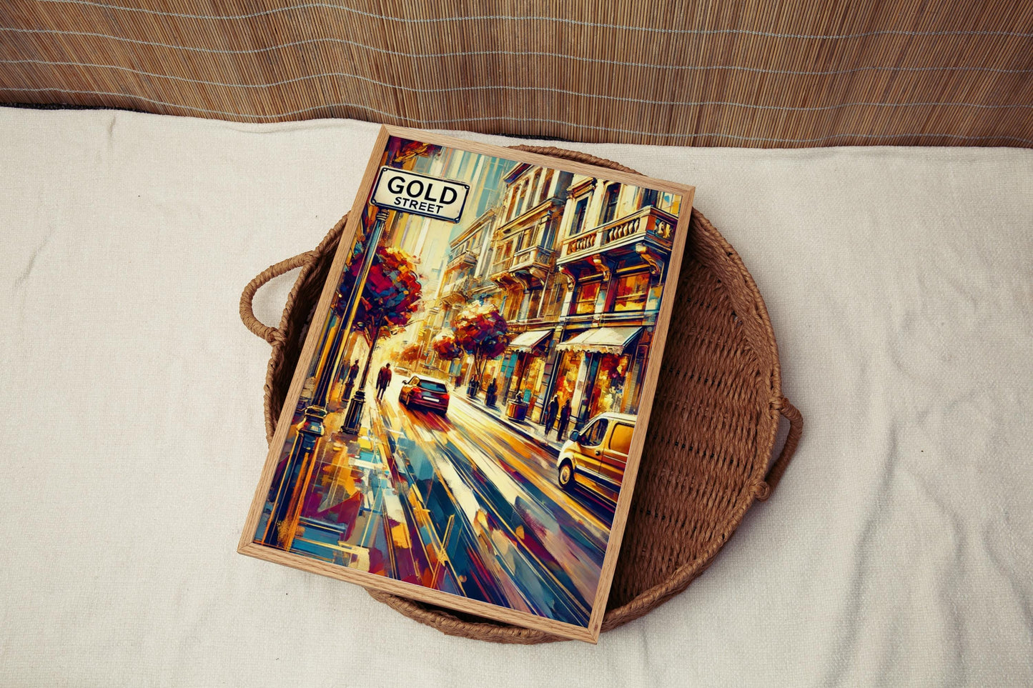Greece Gold St Wall Art - Santorini Street Print Travel Poster, Greek Artwork & Housewarming Gift