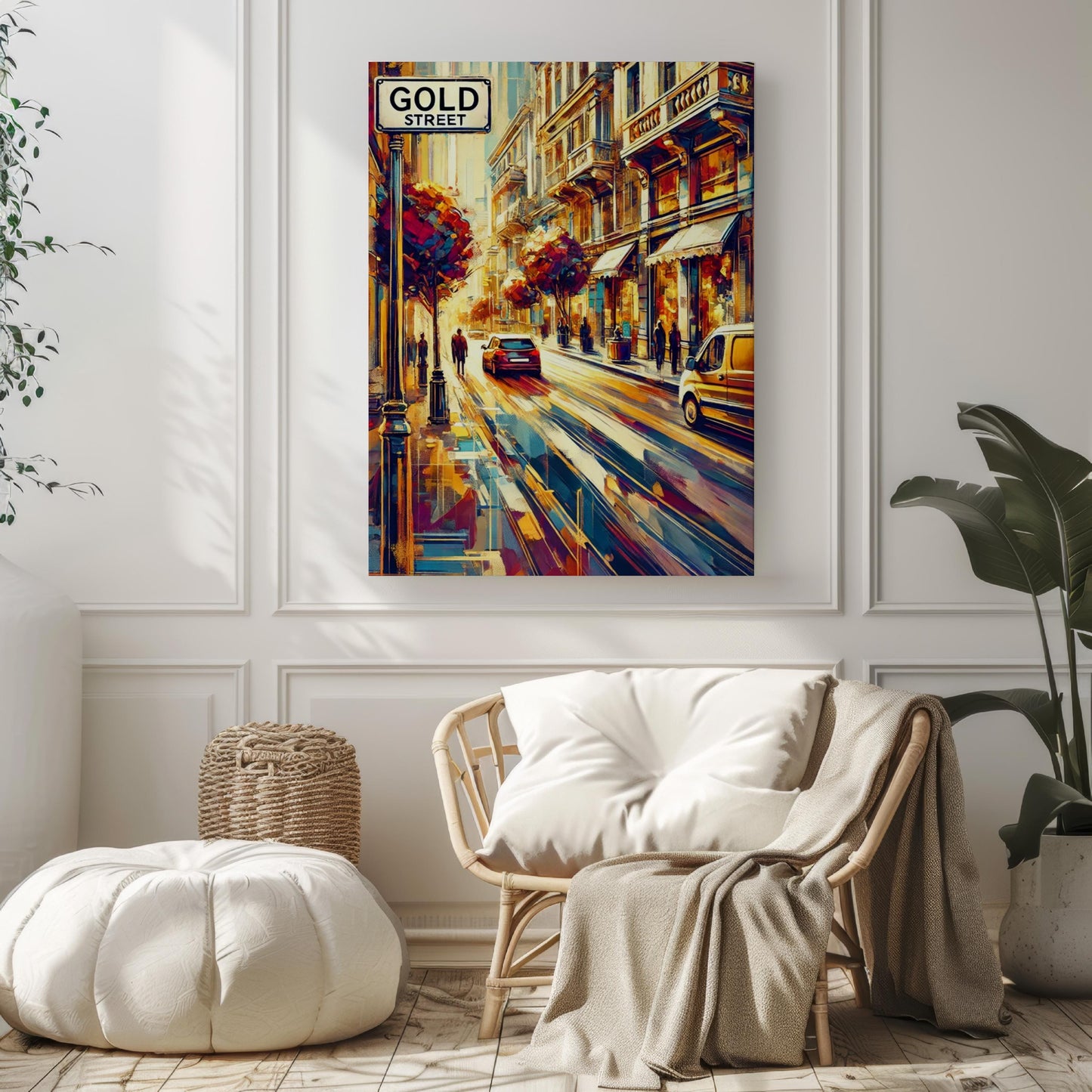 Greece Gold St Wall Art - Santorini Street Print Travel Poster, Greek Artwork & Housewarming Gift