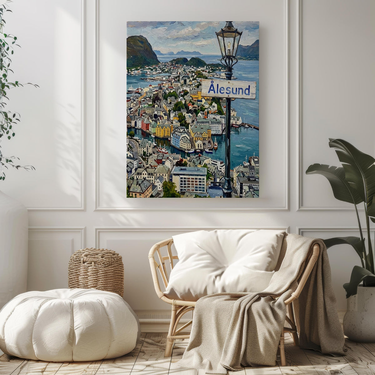 Alesund Oil Painting Art Print: Norway Coastal Street Sign Travel Poster