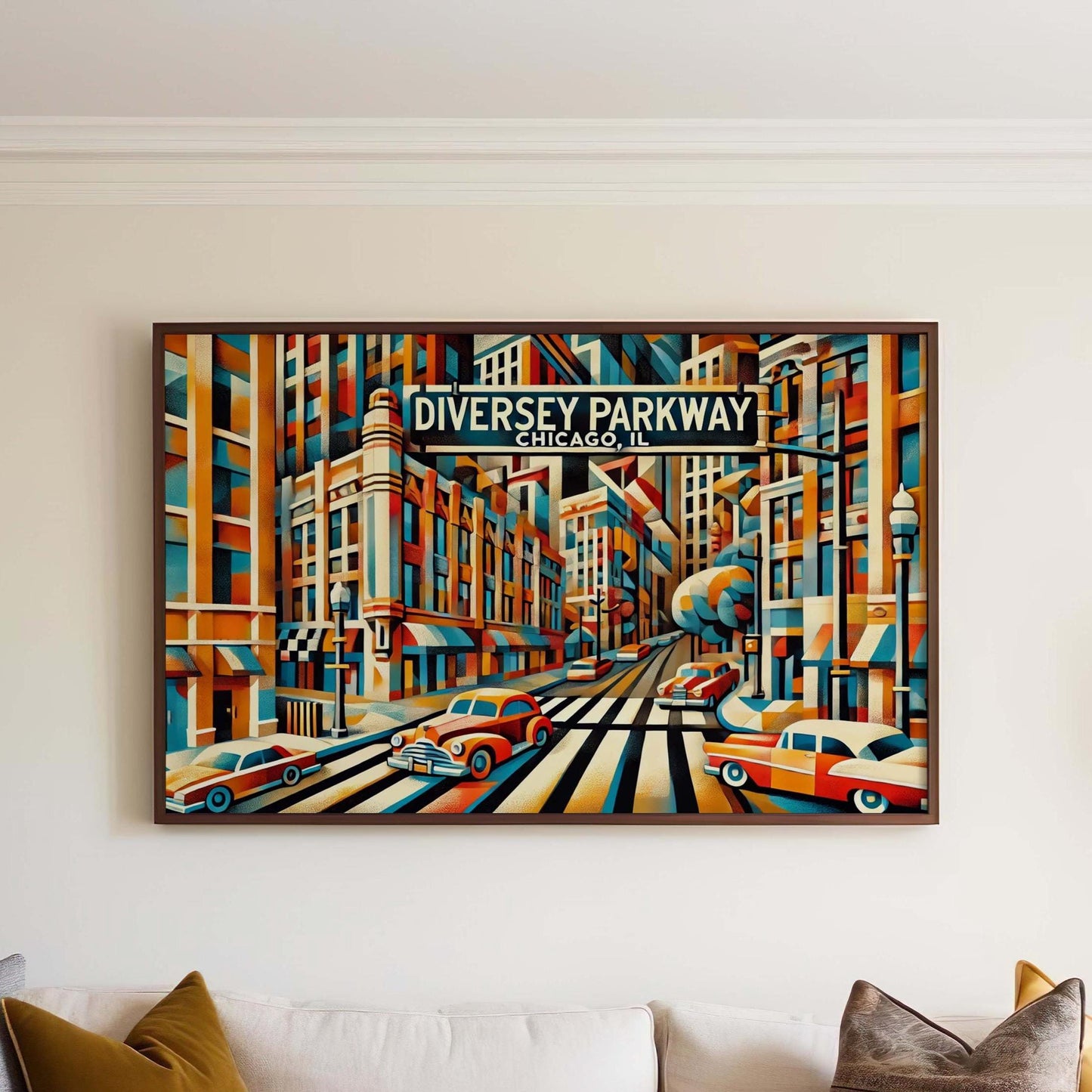 Chicago Travel Poster Cubism Wall Art Print - Diversey Parkway Illinois Gift & Housewarming Decor