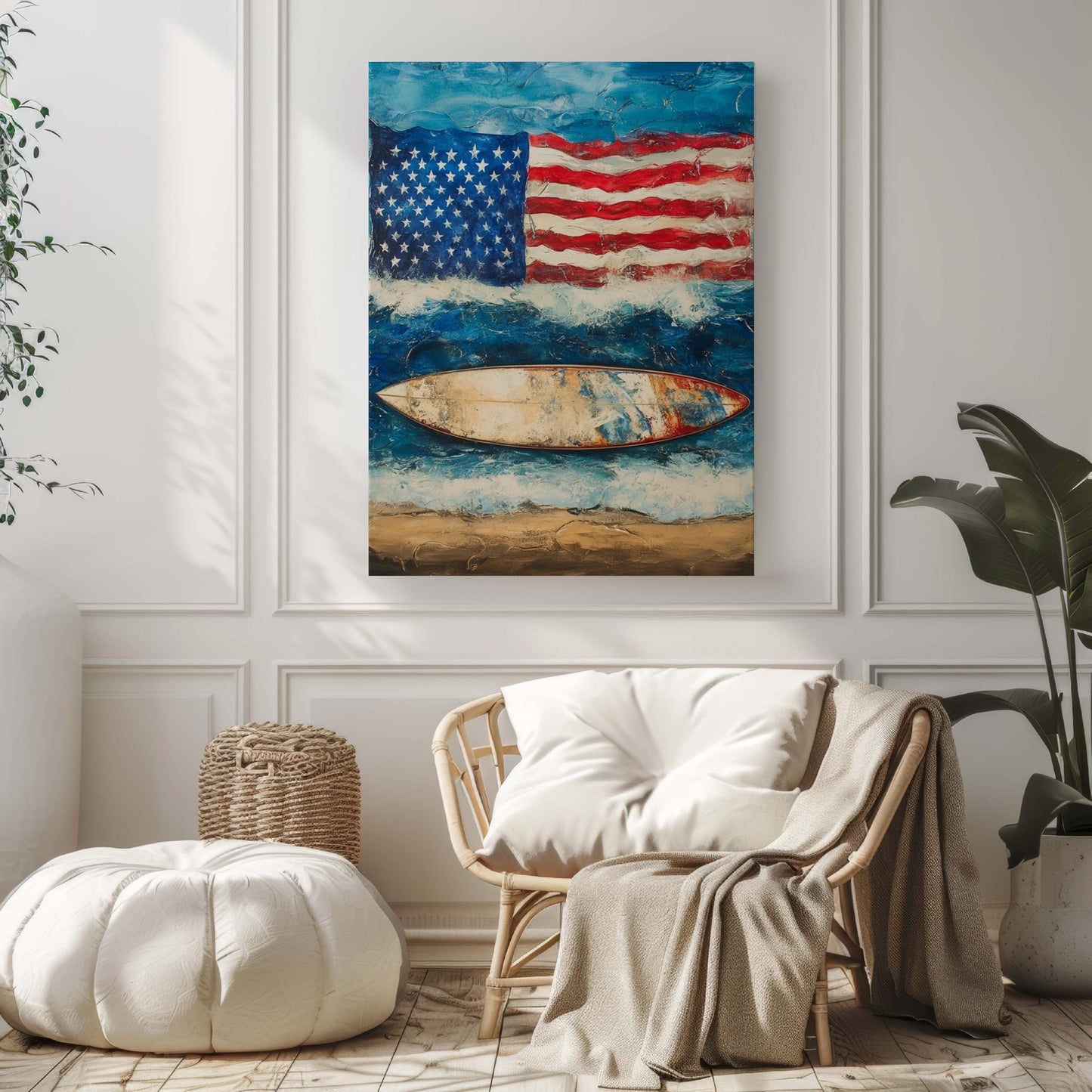 Surfing Artwork USA Patriotic Wall Art Coastal Beach House Decor Summer Poster United States Home Decoration