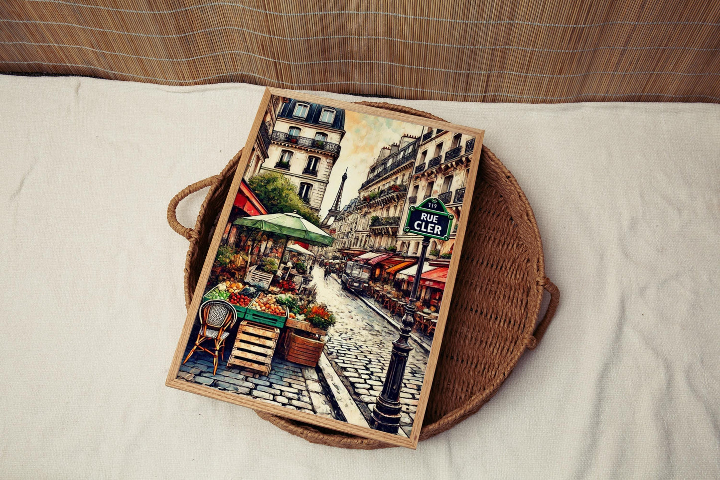 Paris Rue Cler Wall Art Print - French Travel Poster, Parisian Street Scene,