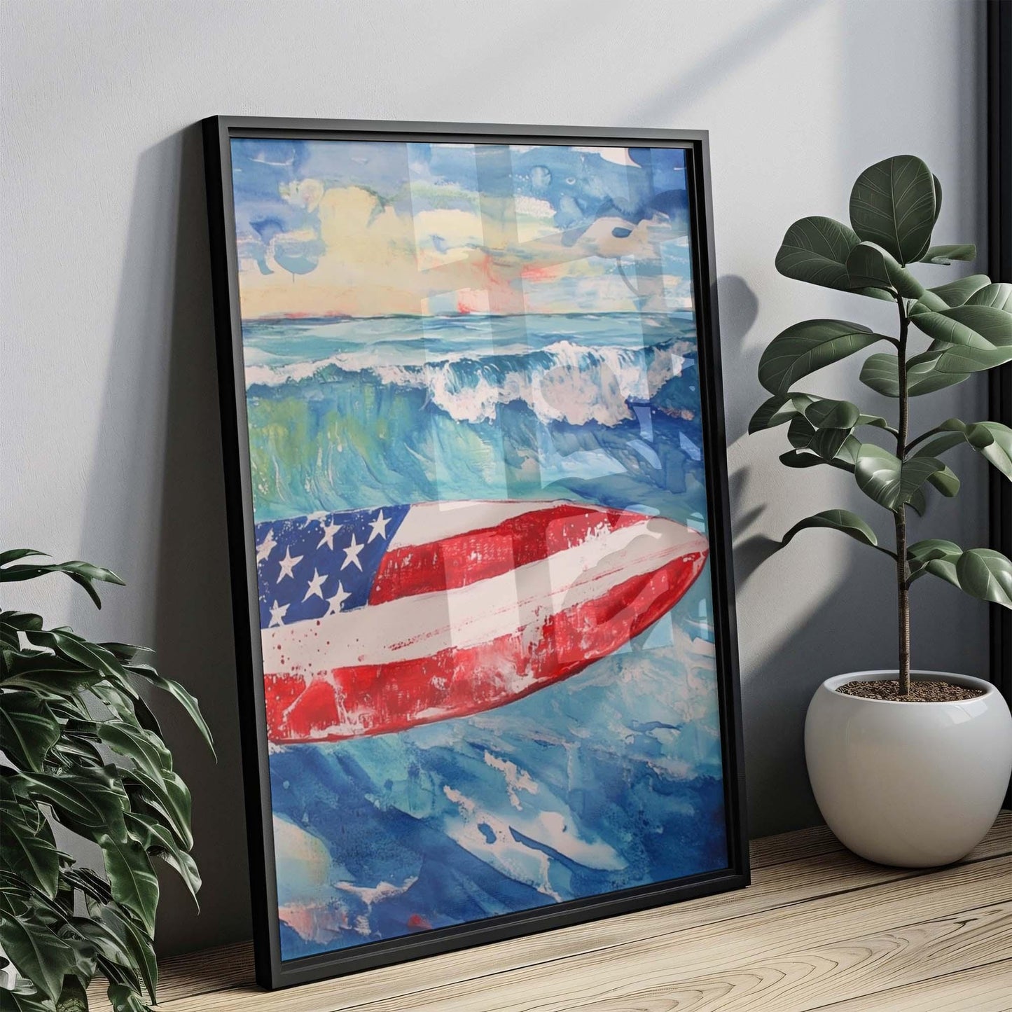 Surfing Artwork USA Wall Art | Patriotic Beach House Decor | United States Summer Poster | Coastal Home Decor | USA Wall Print
