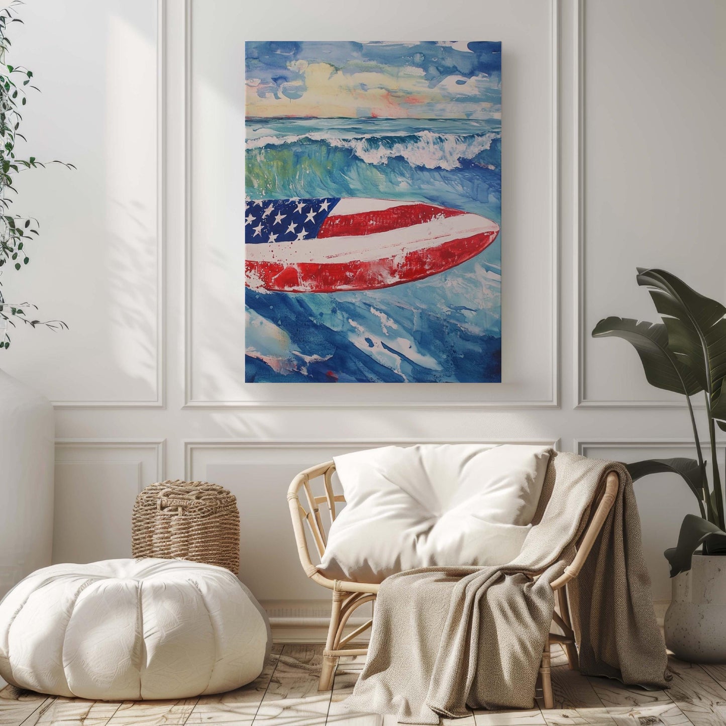Surfing Artwork USA Wall Art | Patriotic Beach House Decor | United States Summer Poster | Coastal Home Decor | USA Wall Print