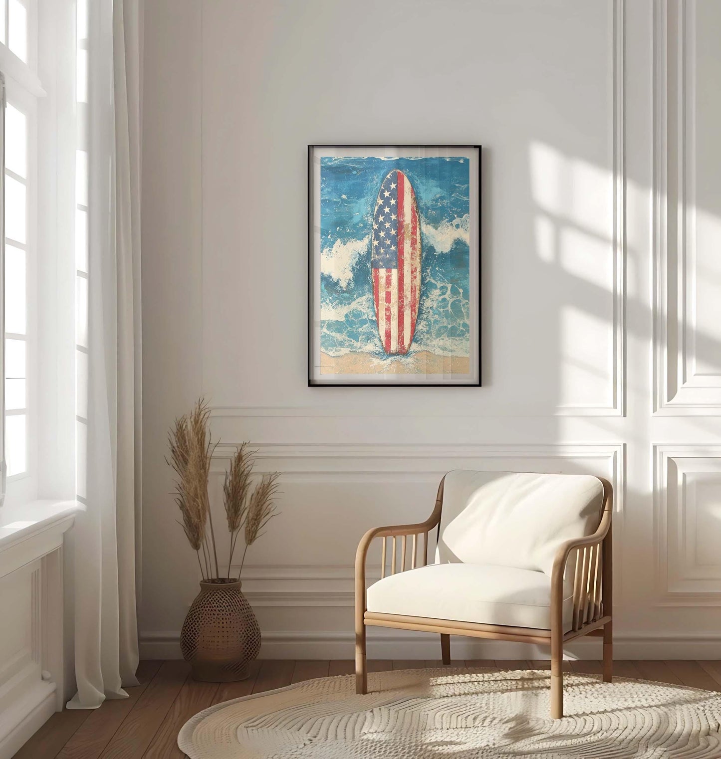 Surfing Artwork USA Wall Art Patriotic Beach House Decor Summer Poster United States Coastal Home Decoration