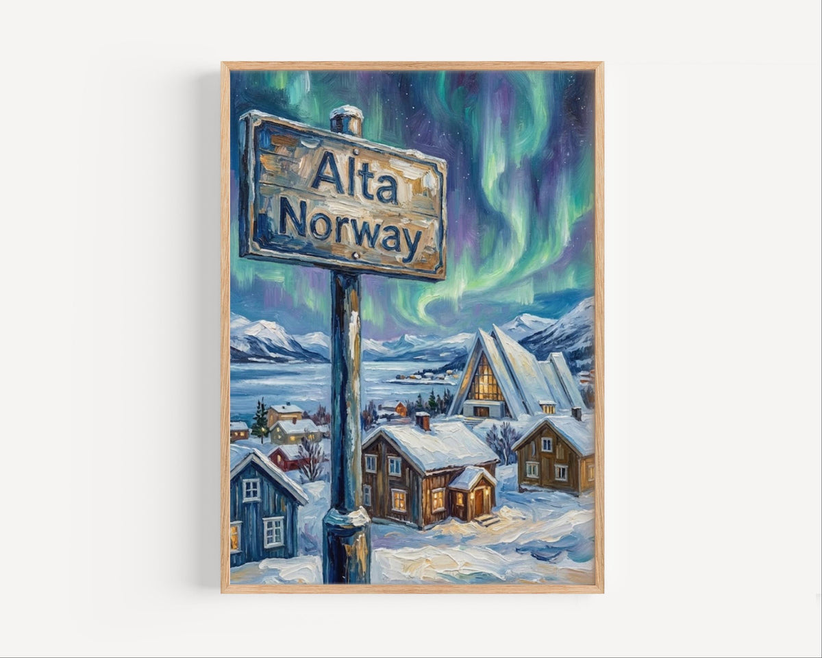 Alta Oil Painting Art Print: Norway Arctic Street Sign Travel Poster