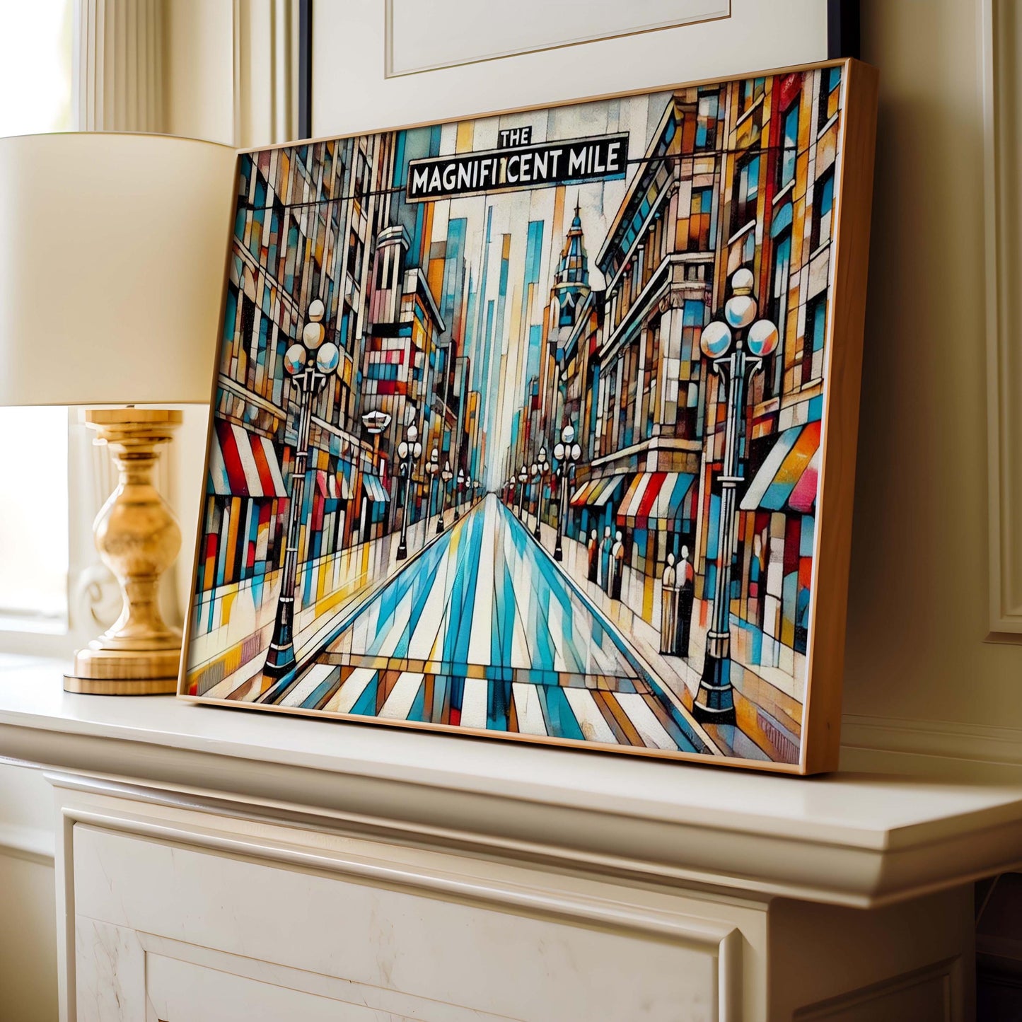 Magnificent Mile Wall Art - Chicago Cubism Print Travel Poster, Unique Housewarming Gift & City Souvenir Decor