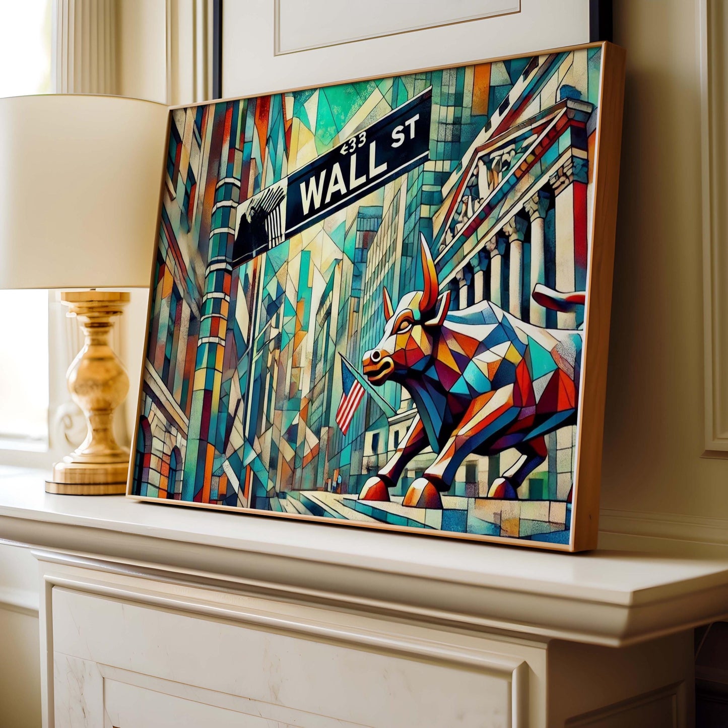 Wall Street Wall Art Cubism Print - Manhattan Financial District Travel Poster, Modern Housewarming Gift, Urban Office Decor
