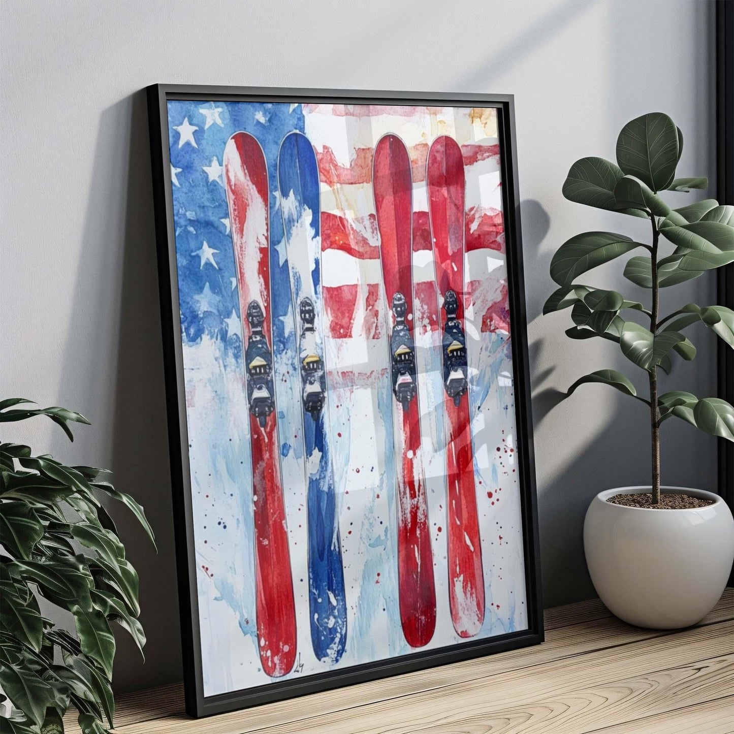Skiing Wall Art USA Poster Patriotic American Independence Winter Home Decor United States Flag Artwork