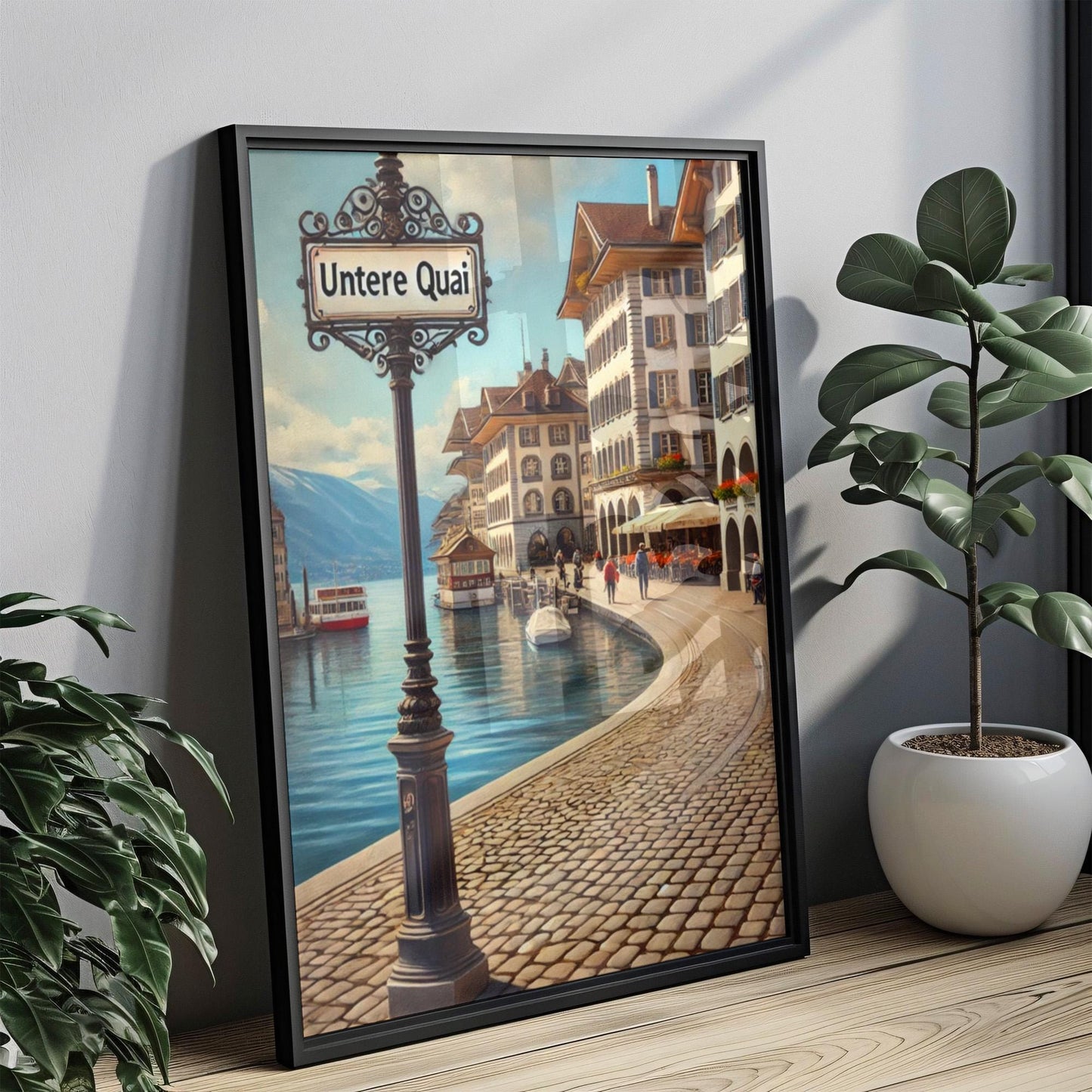 Untere Quai Wall Art Print - Thun Switzerland Travel Poster, Souvenir & Housewarming Gift, Swiss Lakeside Home Decor