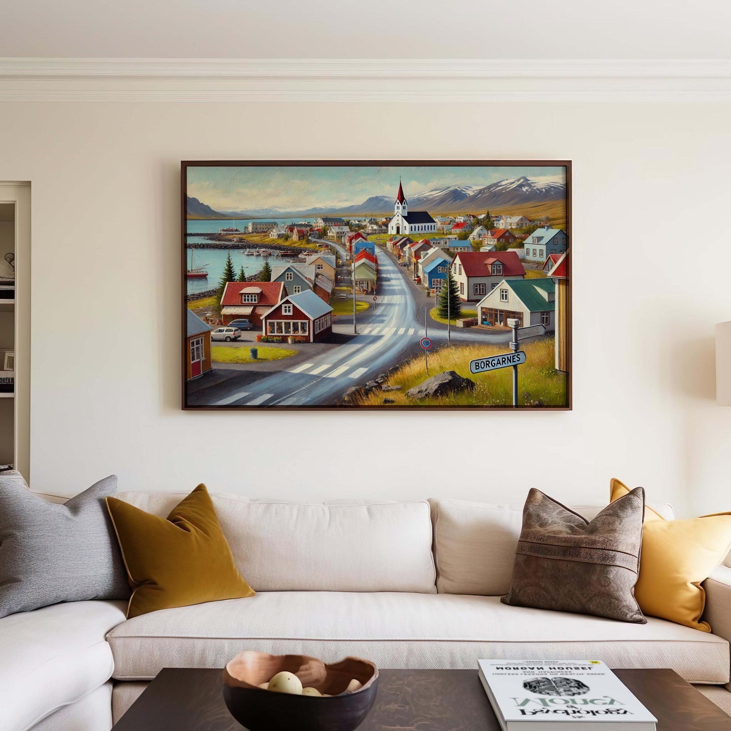 Borgarnes Art Iceland Wall Art Print β Scandinavian Travel Poster, European City Gift, Housewarming Decor, Nordic Landscape Illustration