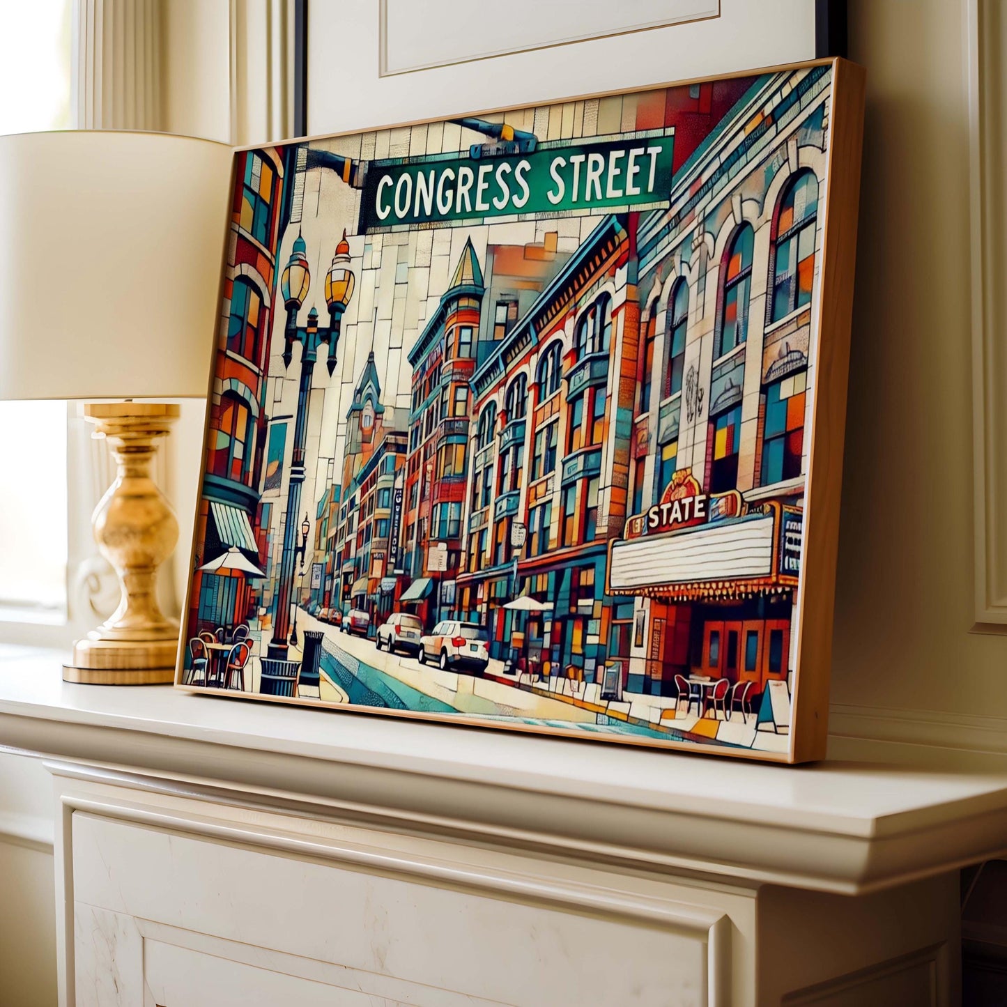 Congress Street Wall Art Print - Portland Maine Travel Poster, Housewarming Gift, Coastal Home Decor, Maine Art Illustration