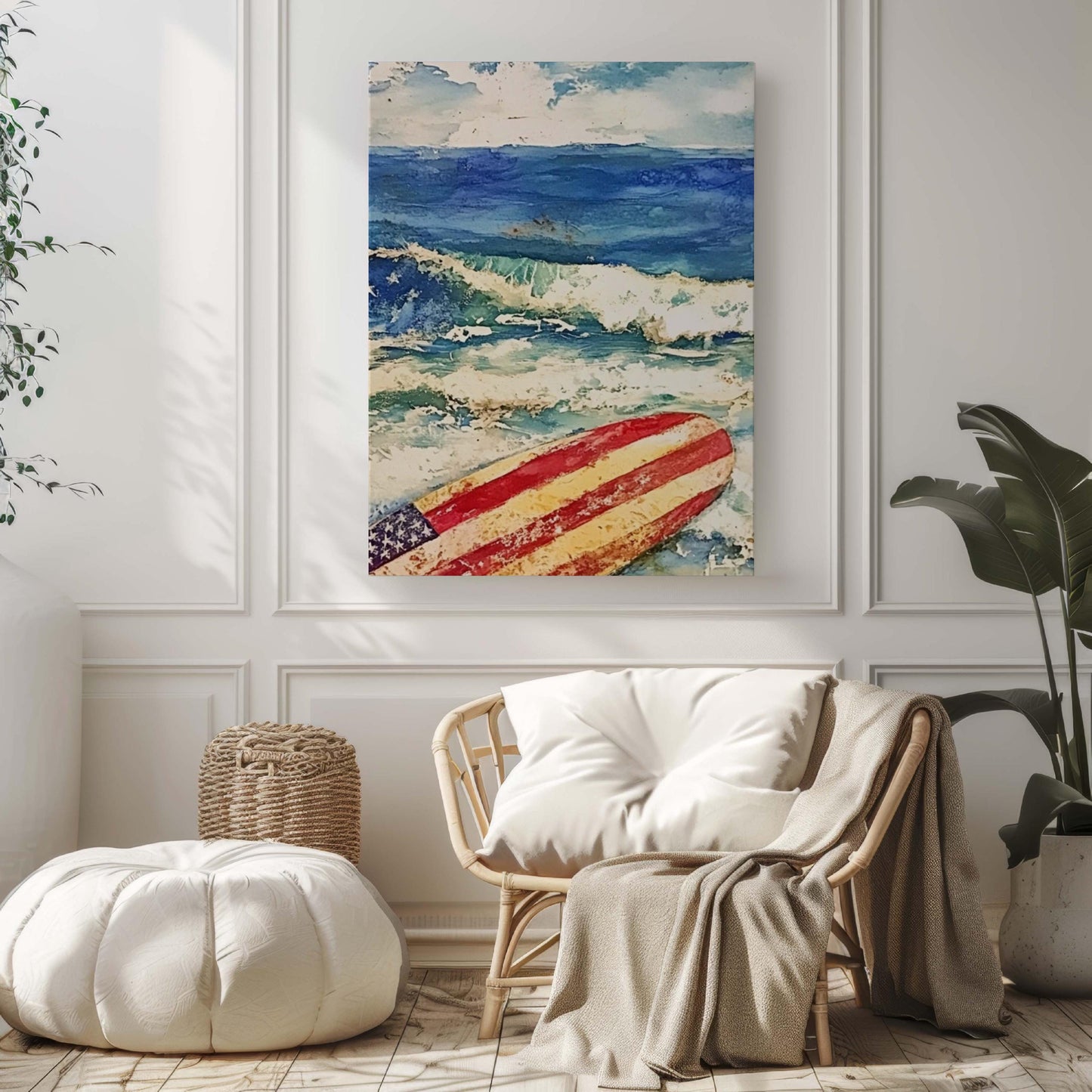 Surfing Artwork USA Wall Art Patriotic Beach House Decor Summer Poster United States Coastal Home Decoration
