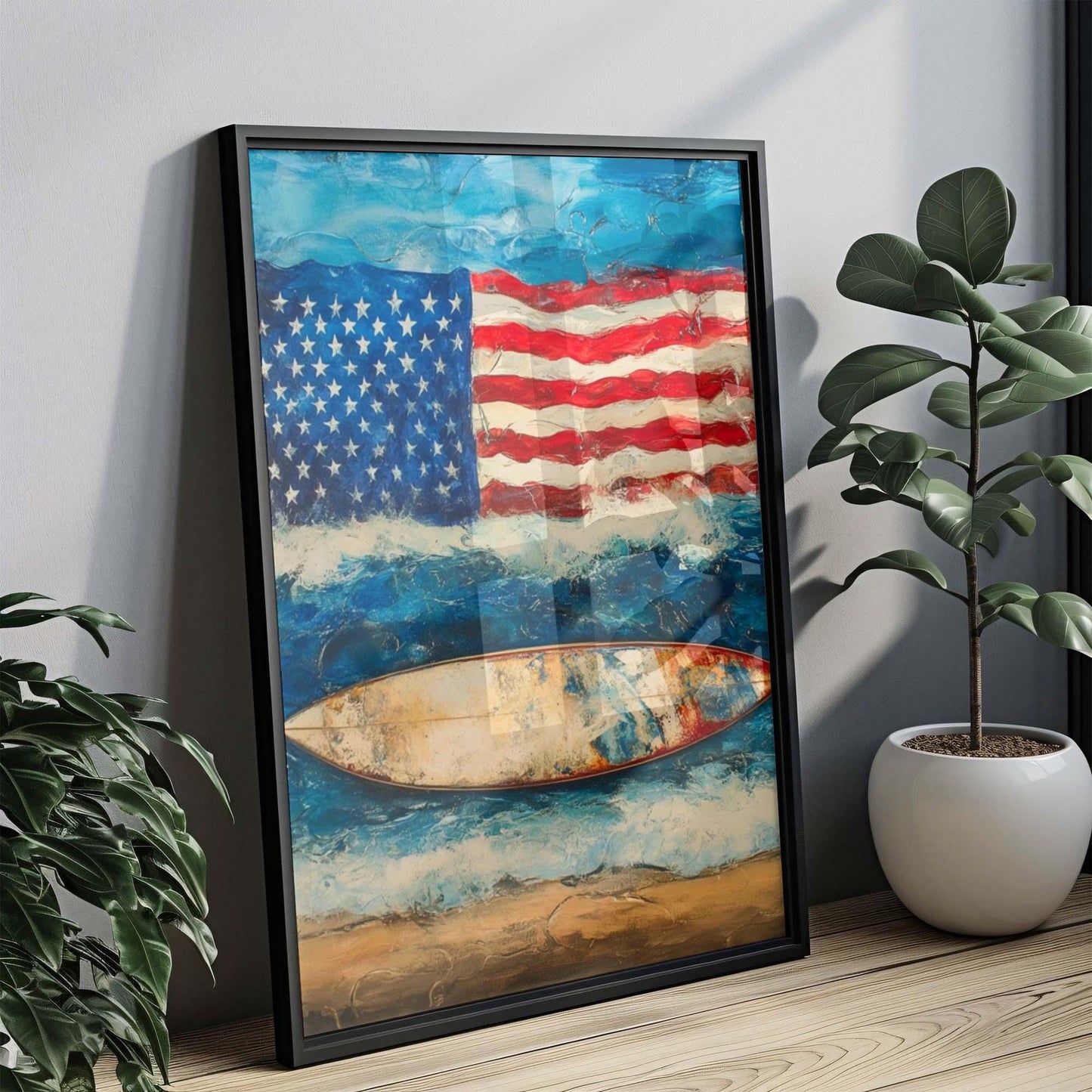 Surfing Artwork USA Patriotic Wall Art Coastal Beach House Decor Summer Poster United States Home Decoration