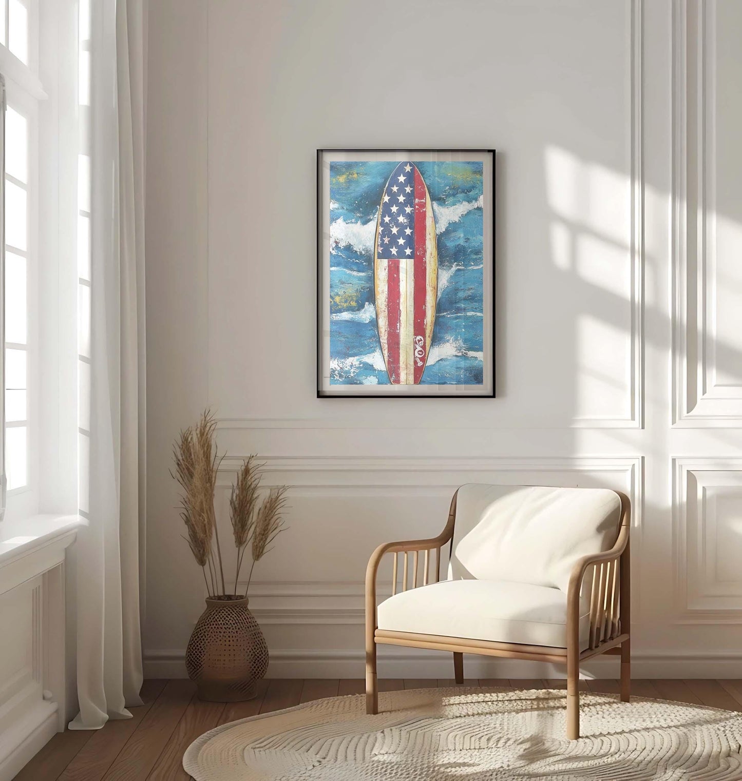 Surfing Artwork USA Wall Art Patriotic Beach House Decor Summer Poster United States Coastal Home Art