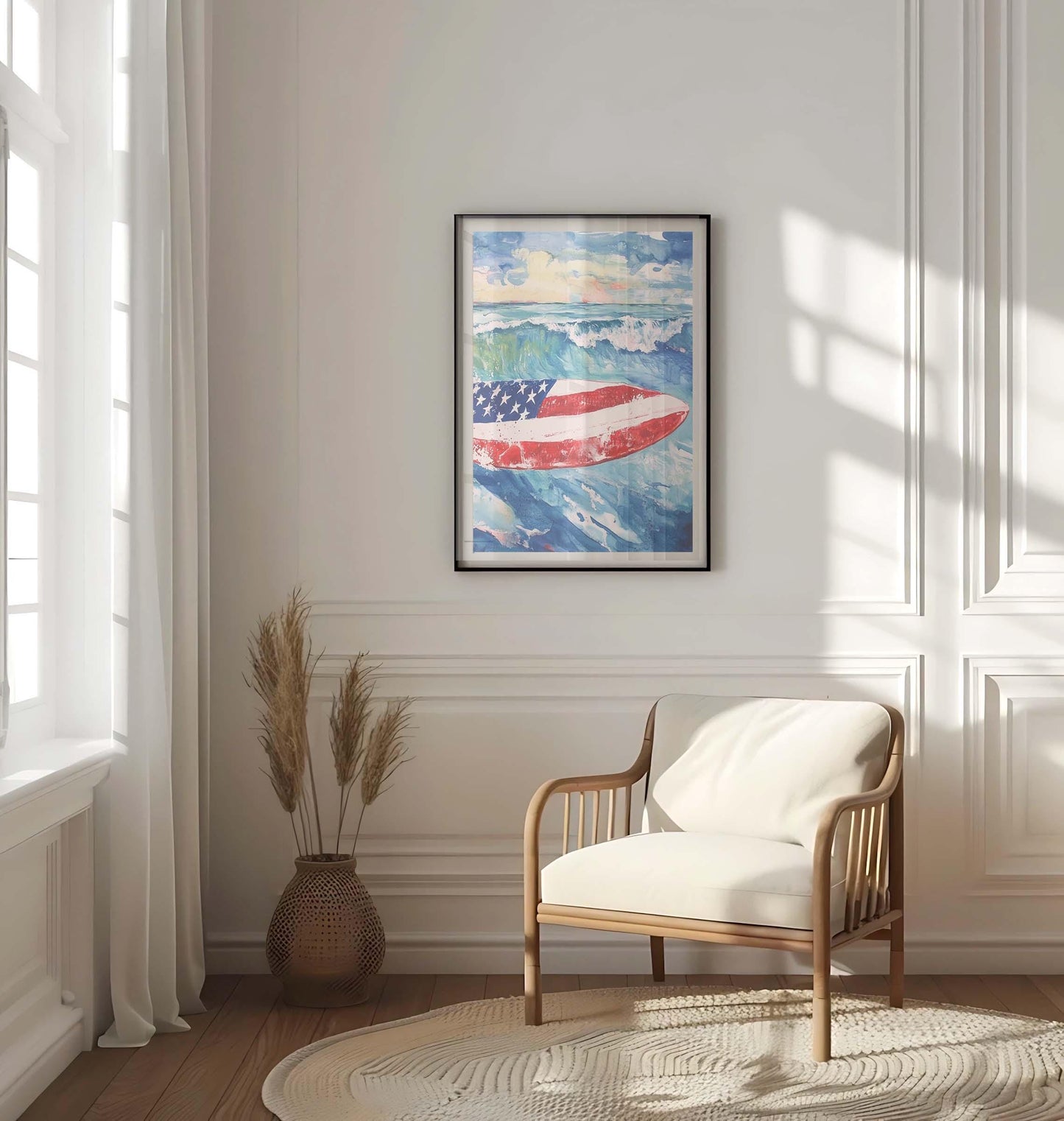 Surfing Artwork USA Wall Art | Patriotic Beach House Decor | United States Summer Poster | Coastal Home Decor | USA Wall Print