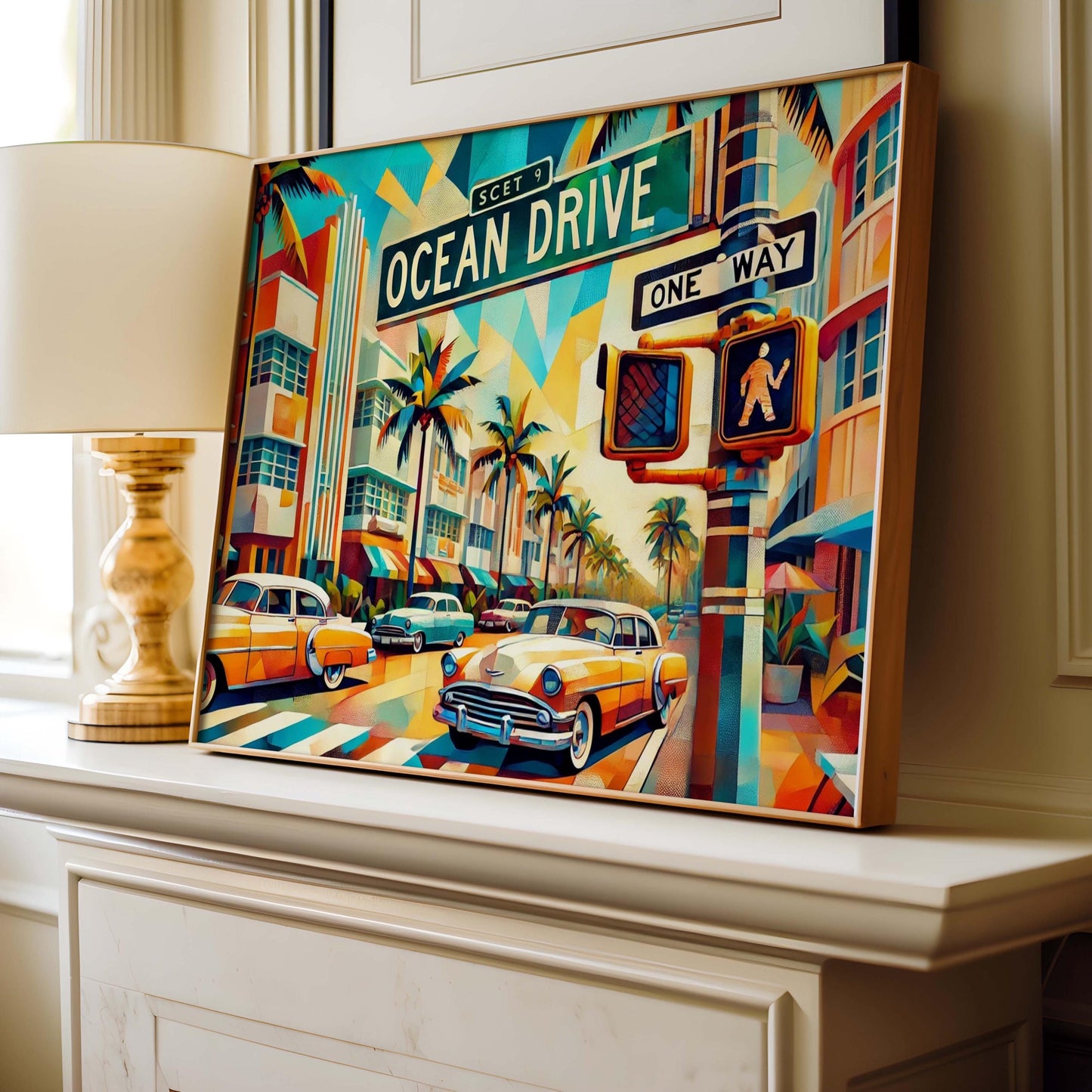 Travel Poster Ocean Drive Cubism Print - Miami Travel Art, Modern Wall Decor, Housewarming Gift, Stylish Beachroom Artwork