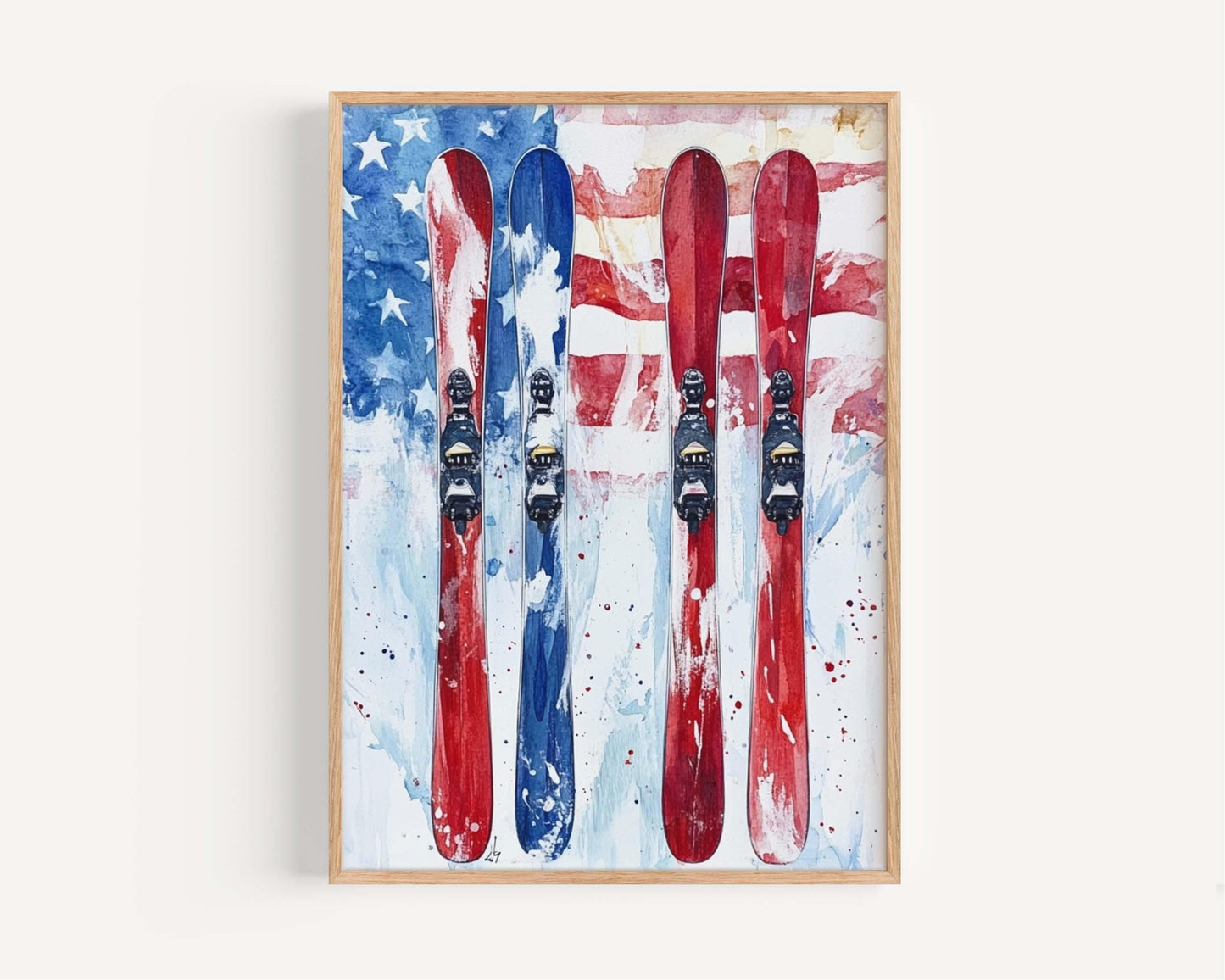 Skiing Wall Art USA Poster Patriotic American Independence Winter Home Decor United States Flag Artwork