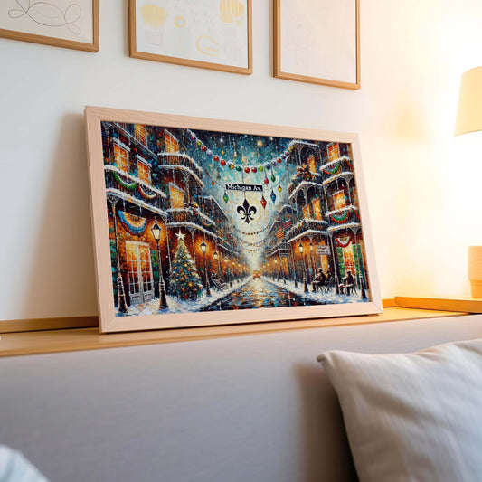 Michigan Avenue Christmas Art Print – Chicago Holiday Wall Decor, Festive City Street Scene