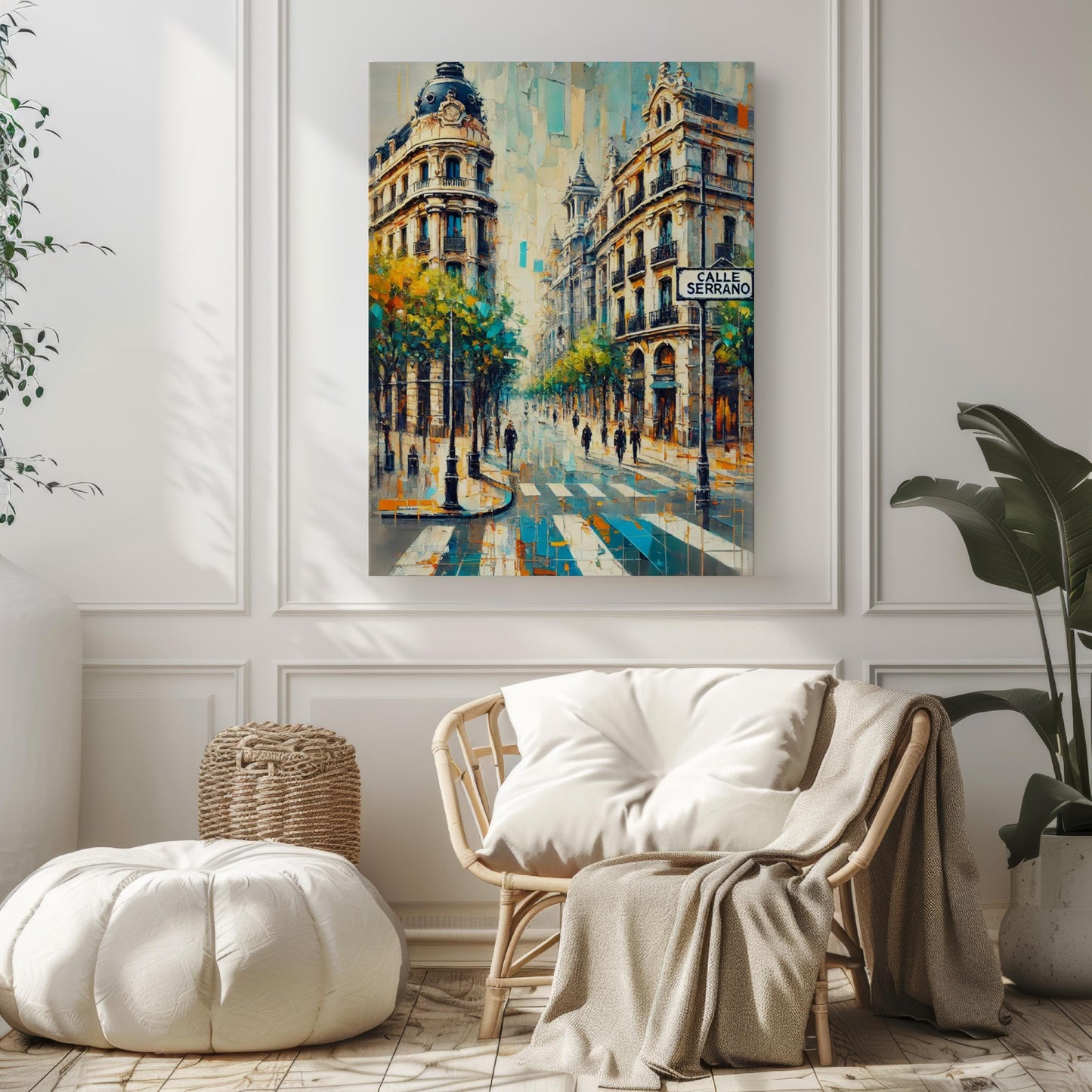 Spain art, Calle Serrano wall art, Madrid print, travel souvenir, cityscape artwork, upscale shopping district, vibrant Madrid wall decor