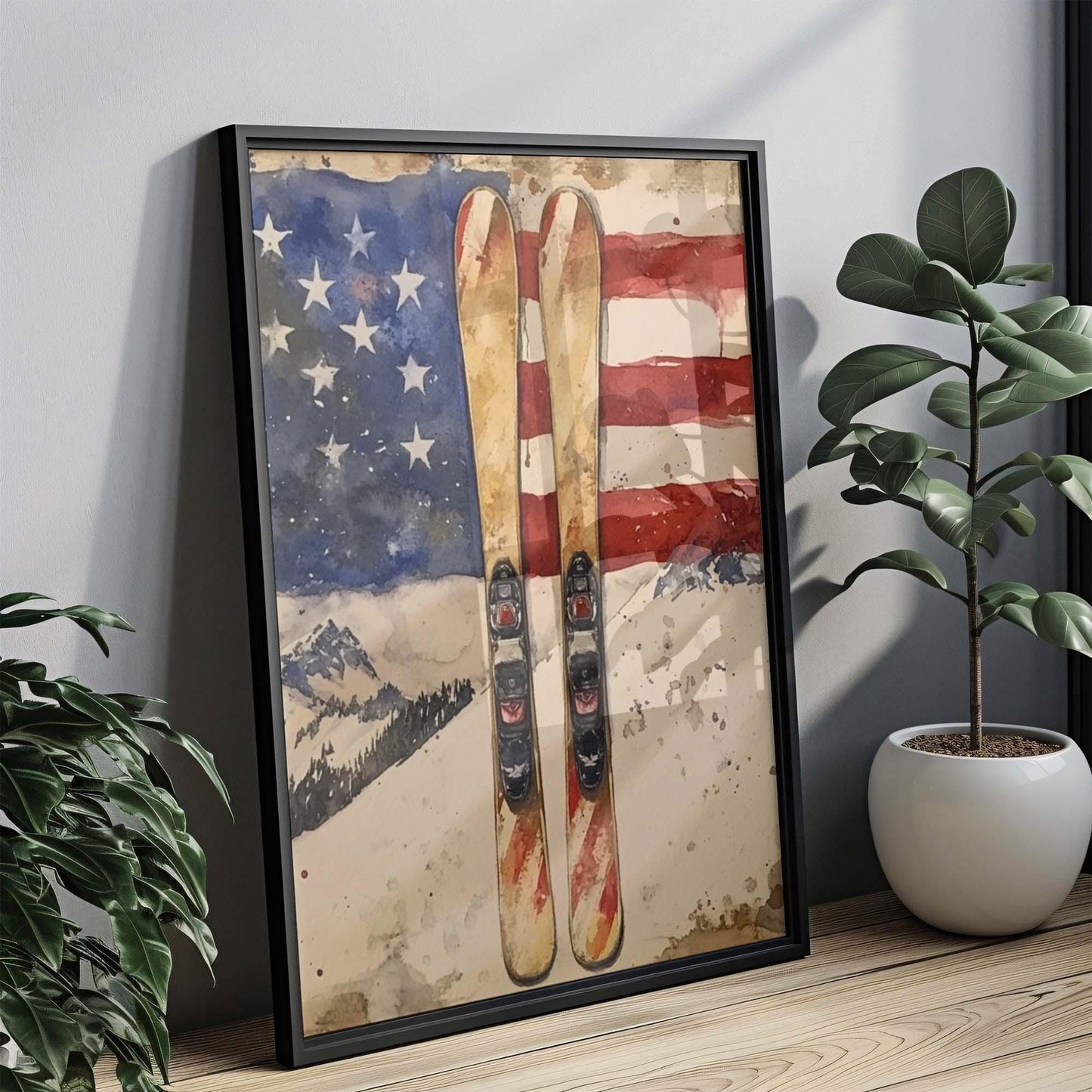 Skiing Artwork USA Wall Art Patriotic American Independence Poster Winter Home Decor United States Gift