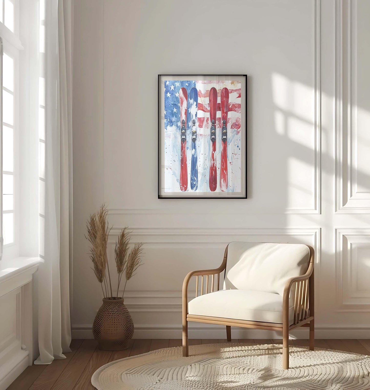 Skiing Wall Art USA Poster Patriotic American Independence Winter Home Decor United States Flag Artwork