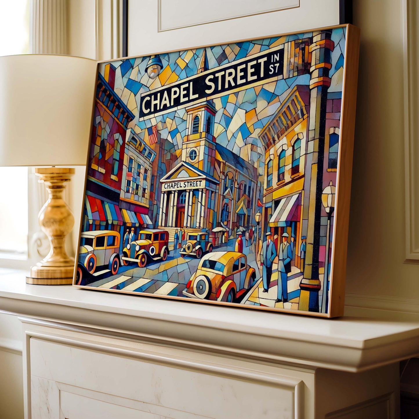 Chapel Street Wall Art Cubism Print, Stratford Connecticut Travel Poster, Modern Travel Gift, Housewarming Artwork, Unique Chapel Decor