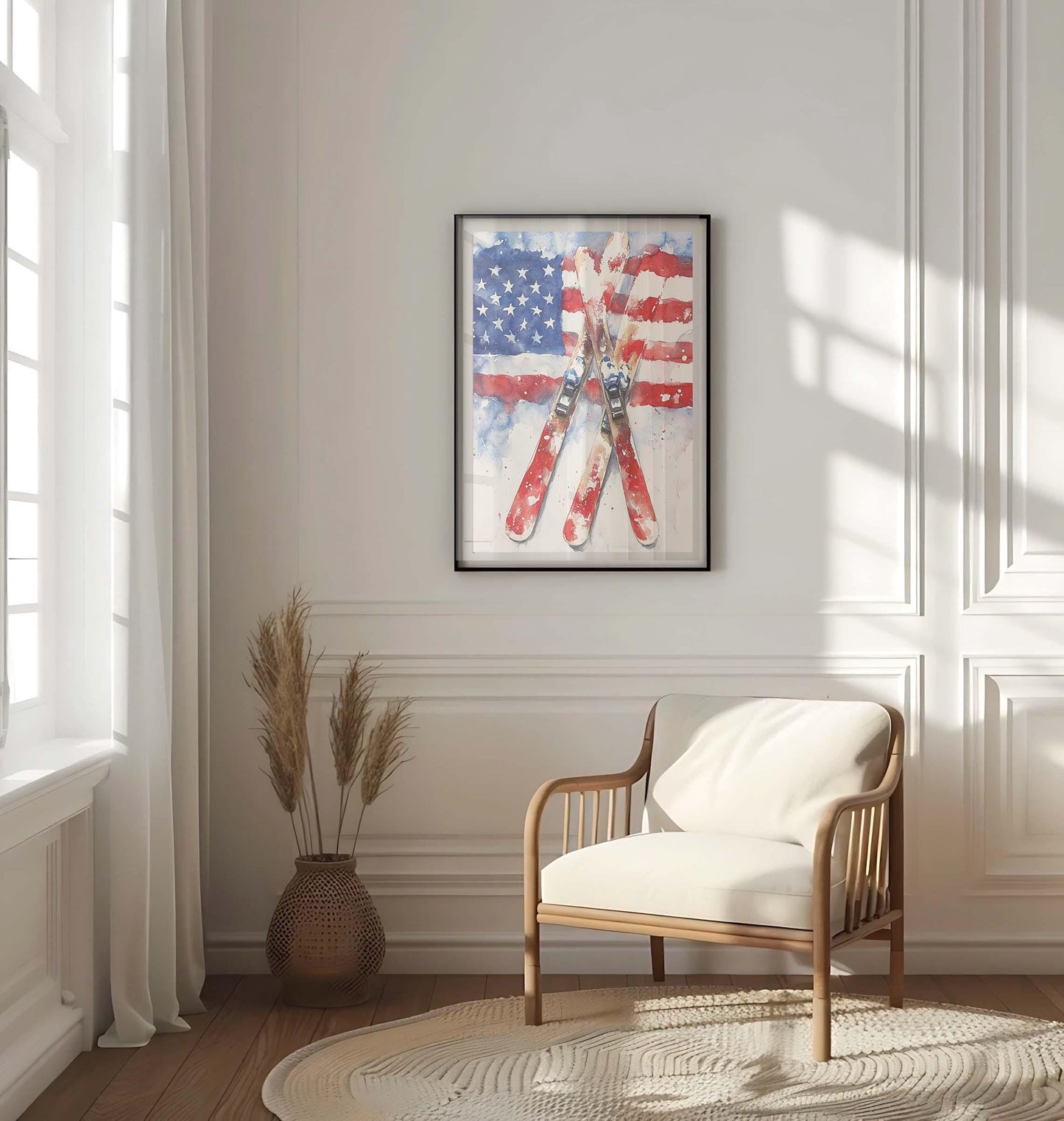 Skiing Artwork USA Poster | Patriotic Wall Art | American Independence Home Decor | Winter United States Ski Print