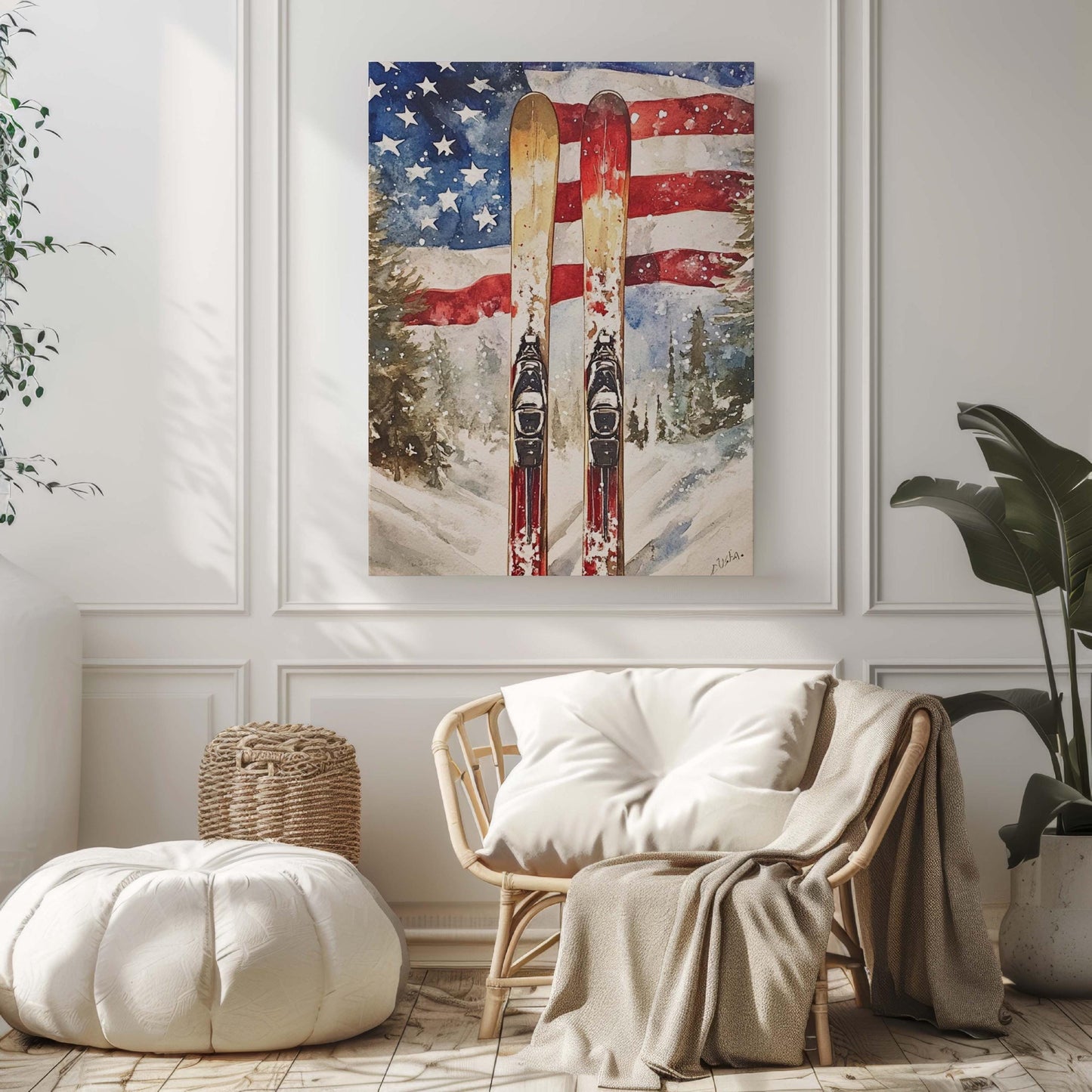 USA Skiing Wall Art Patriotic Winter Decor | American Independence Poster | United States Home Decoration | Ski Sports Artwork USA Flag