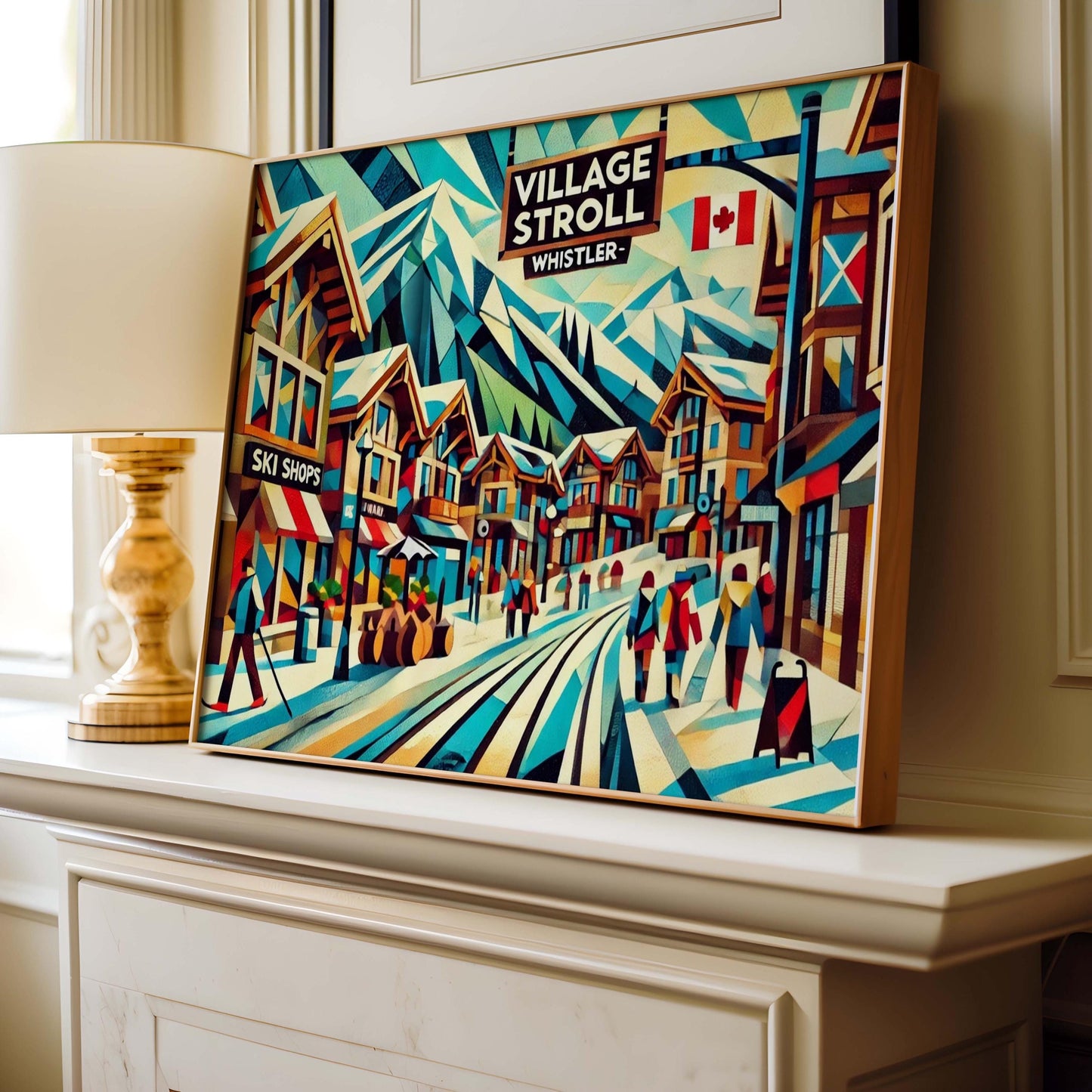 Village Stroll Print - Whistler Art Travel Poster, Canada Wall Art, Housewarming Gift, Scenic Village Walk Illustration, Travel Print Decor