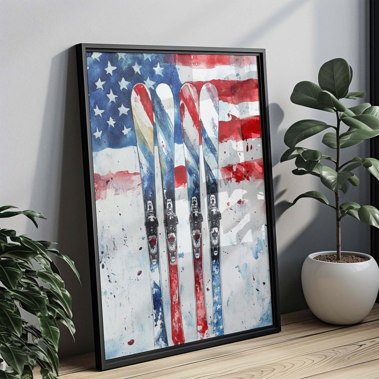 Skiing Artwork USA Wall Art Patriotic American Independence Poster Winter Home Decor United States Gift
