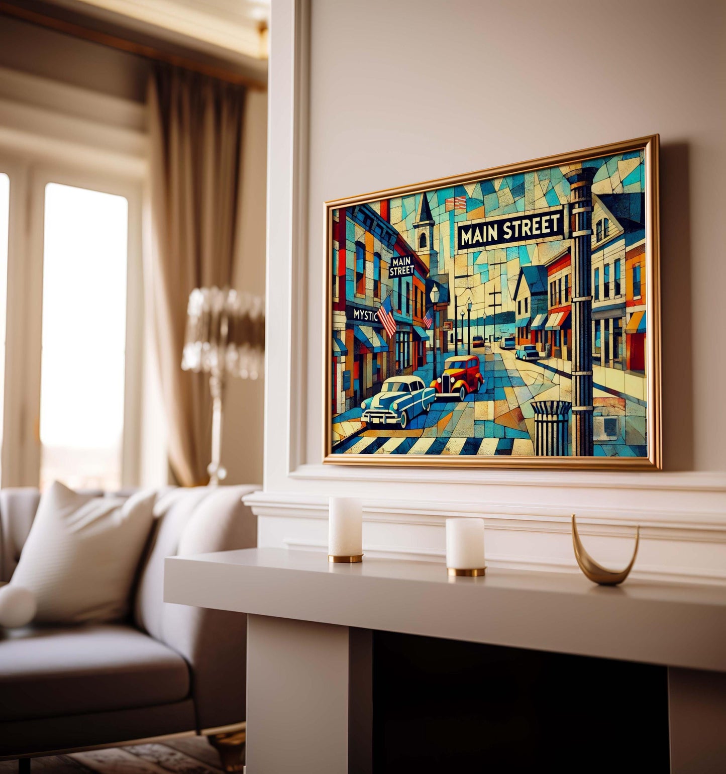 Main St Wall Art, Main Street Cubism Print, Mystic Cubism Art, Connecticut Gift, Travel Print, Travel Poster, Housewarming Gift Souvenir