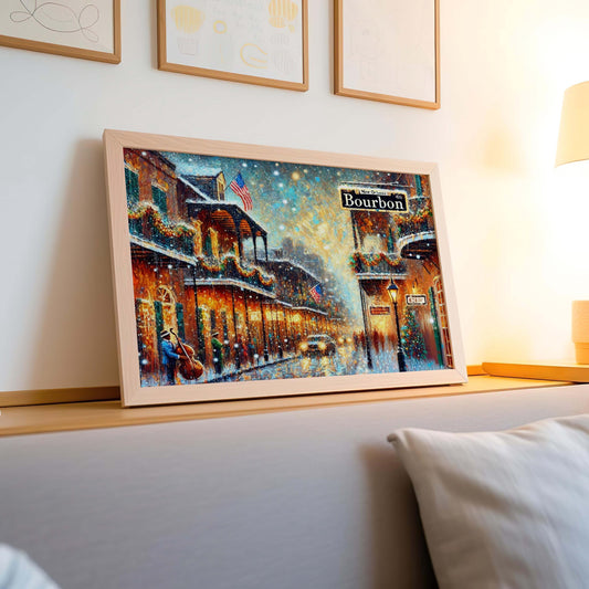 Bourbon Street Christmas Art Print – New Orleans Holiday Wall Decor, Festive French Quarter Scene