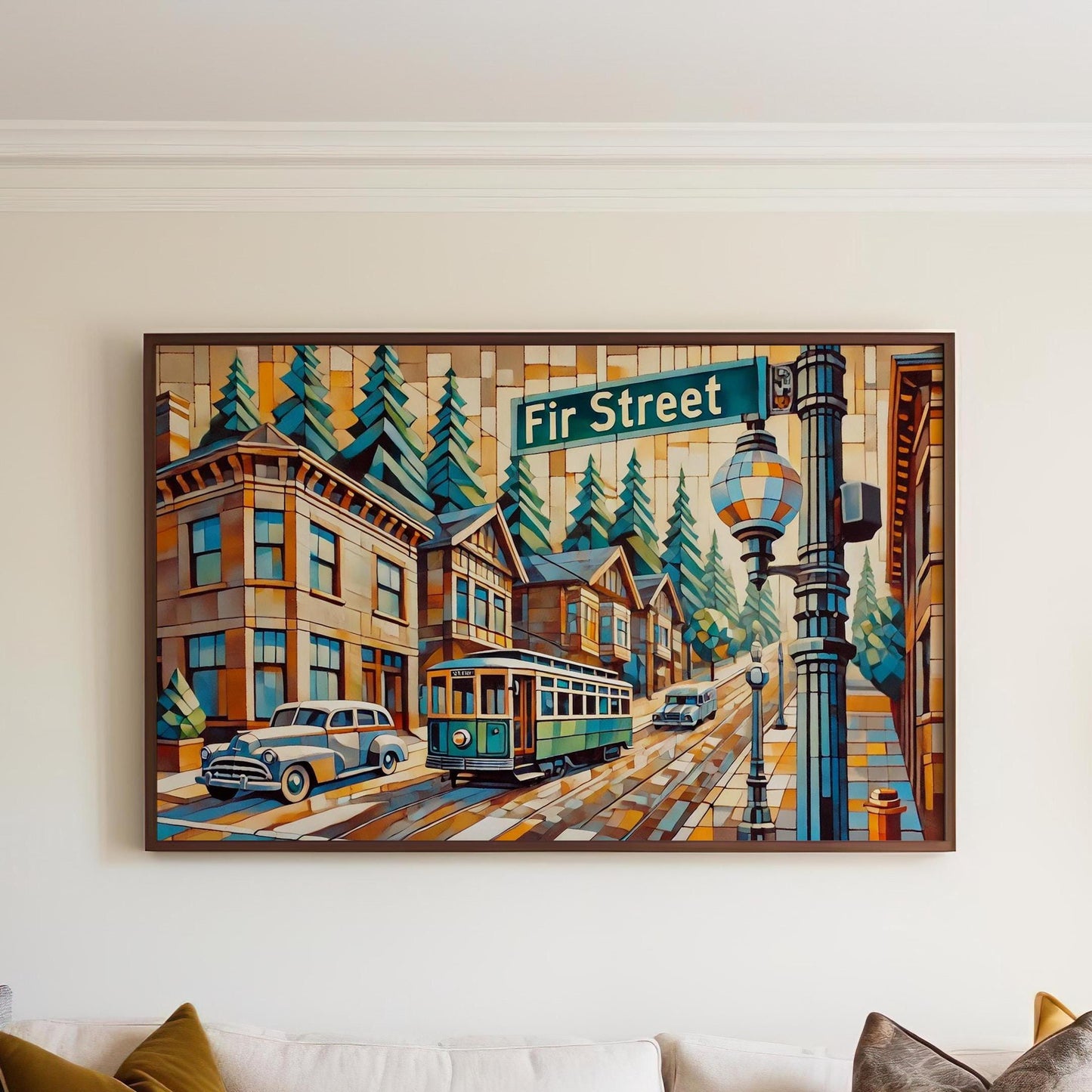 Fir Street Wall Art Print - Portland Oregon Travel Poster, Housewarming Decor & Oregon Souvenir Cityscape Illustration