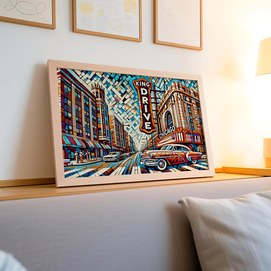 King Drive Wall Art Cubism Print – Chicago Travel Poster, Illinois Gift, Modern & Office Decor, Housewarming Present, Unique Chicago Artwork