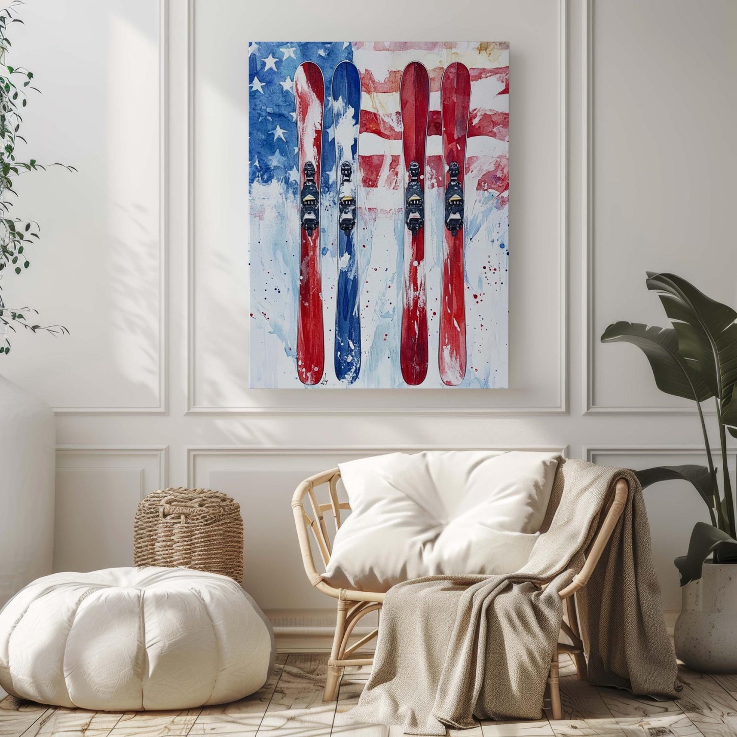 Skiing Wall Art USA Poster Patriotic American Independence Winter Home Decor United States Flag Artwork