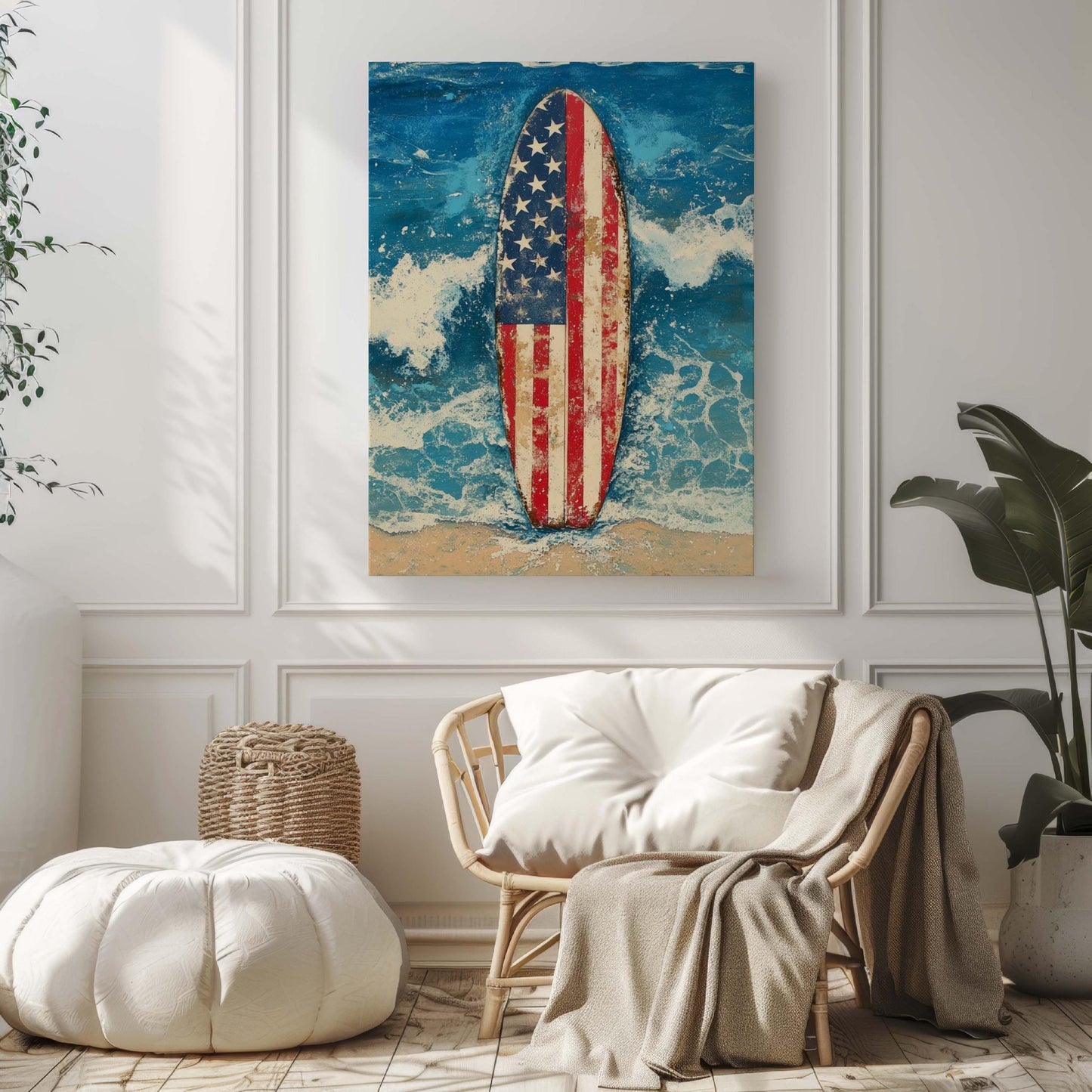 Surfing Artwork USA Wall Art Patriotic Beach House Decor Summer Poster United States Coastal Home Decoration