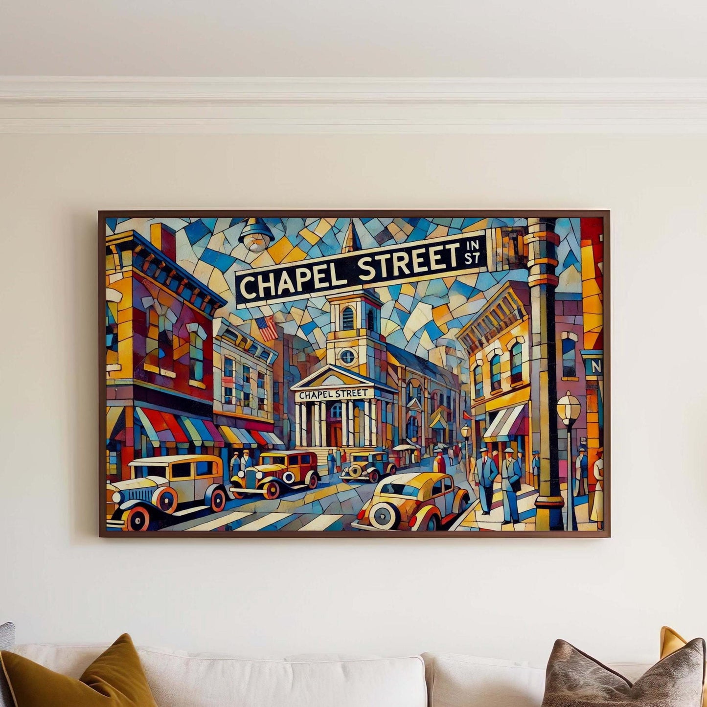 Chapel Street Wall Art Cubism Print, Stratford Connecticut Travel Poster, Modern Travel Gift, Housewarming Artwork, Unique Chapel Decor