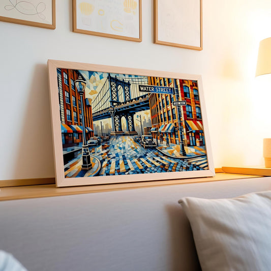 Water Street Cubism Print – New York City Travel Poster, Modern NYC Wall Art, Unique Gift for Housewarming & City Lovers