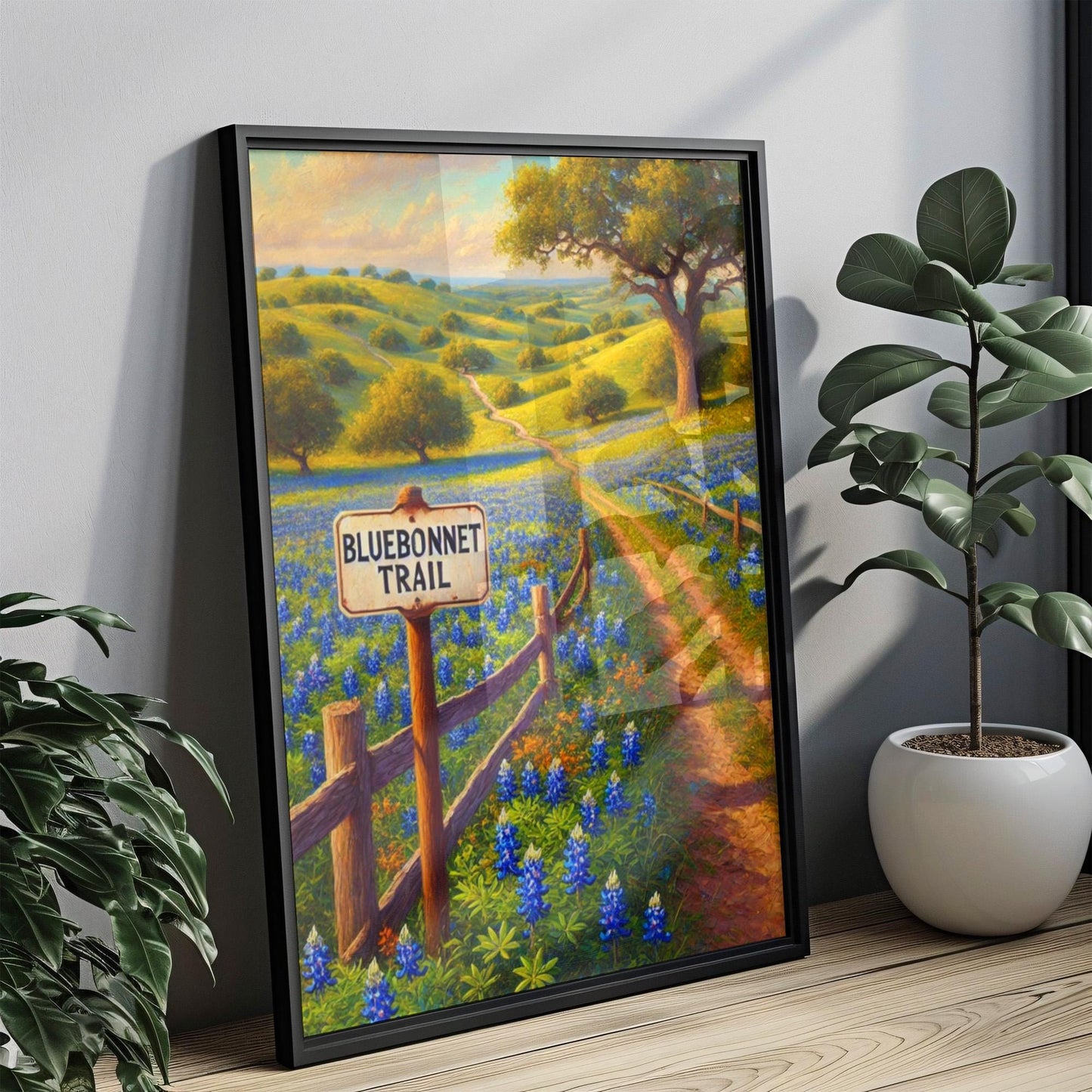 Bluebonnet Trail Wall Art Texas Hill Country Print Travel Poster US Gift Housewarming Decor