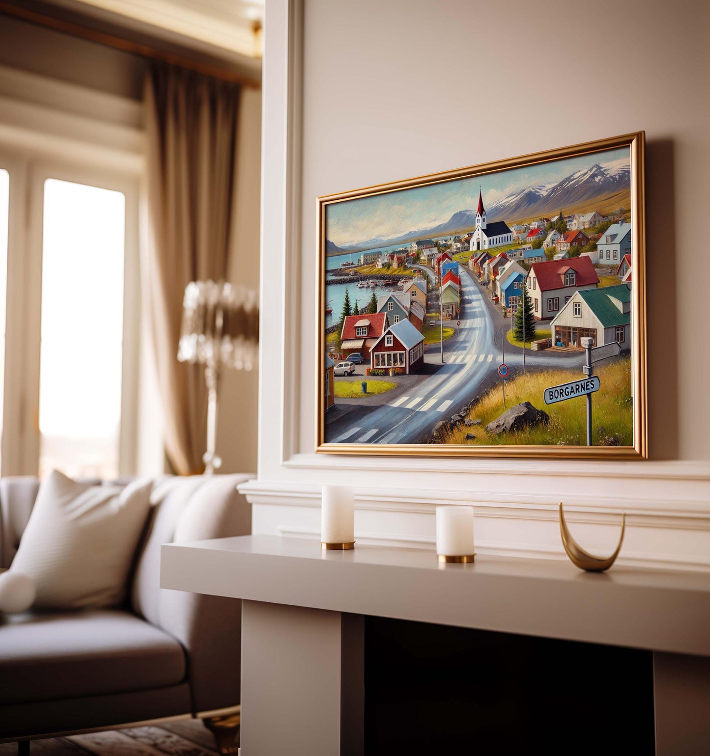 Borgarnes Art Iceland Wall Art Print β Scandinavian Travel Poster, European City Gift, Housewarming Decor, Nordic Landscape Illustration