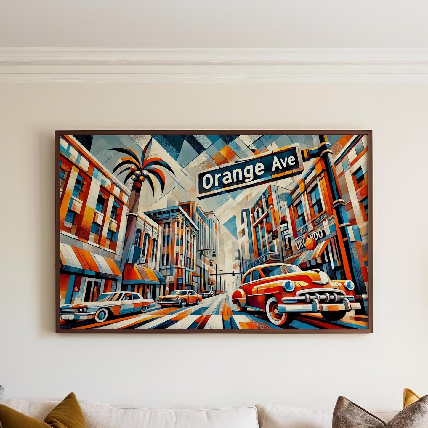Orlando Art Orange Ave Wall Art - Cubism Print, Florida Travel Poster, Housewarming Gift, Modern Orange Decor