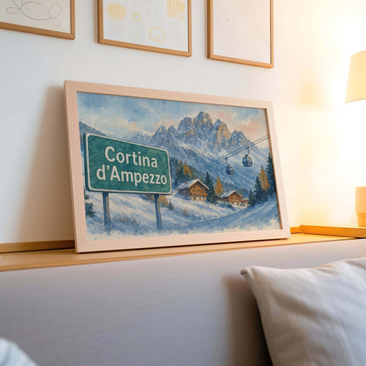 Cortina d'Ampezzo Watercolor Ski Resort Poster, Italian Alps Wall Art