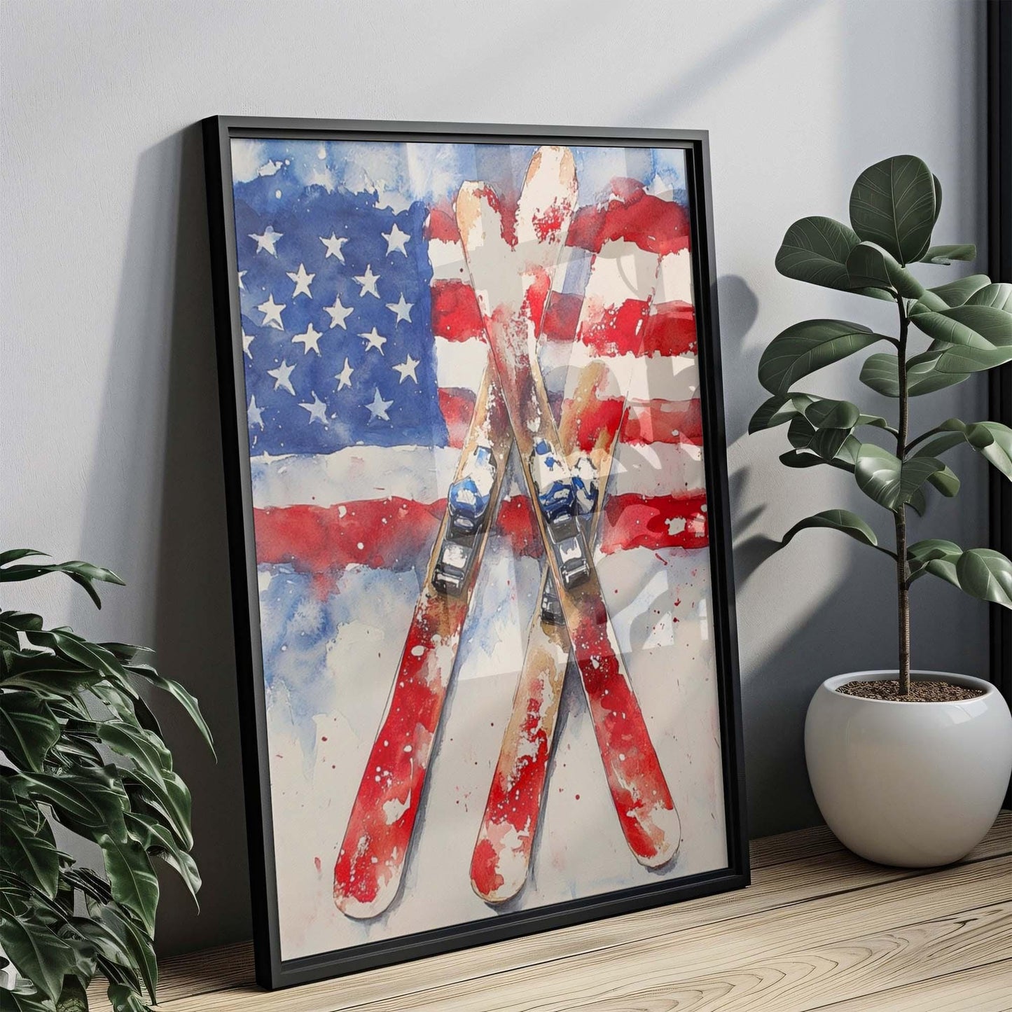 Skiing Artwork USA Poster | Patriotic Wall Art | American Independence Home Decor | Winter United States Ski Print