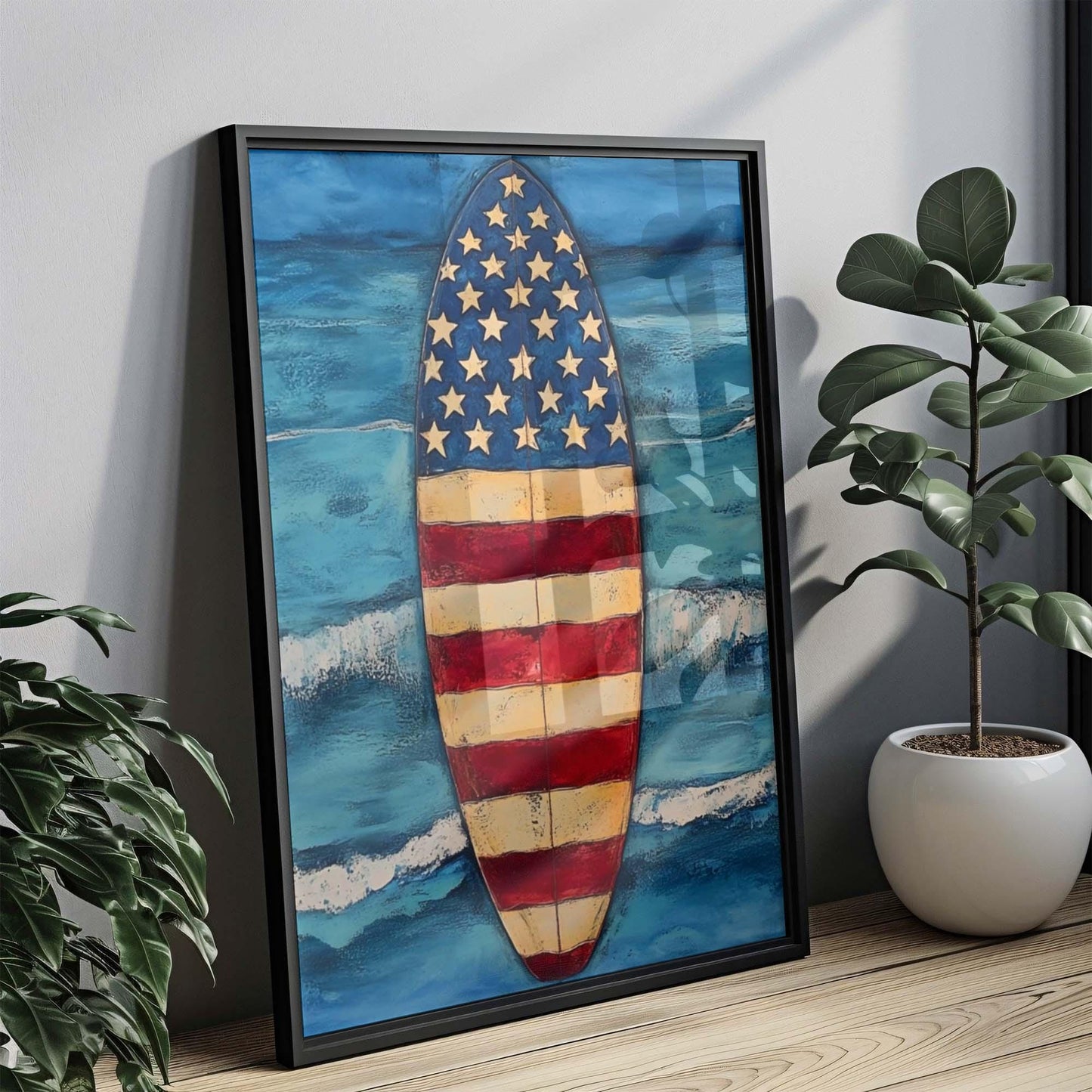 Surfing Artwork USA Wall Art Patriotic Beach House Home Decor Summer Poster United States Coastal Wall Decor