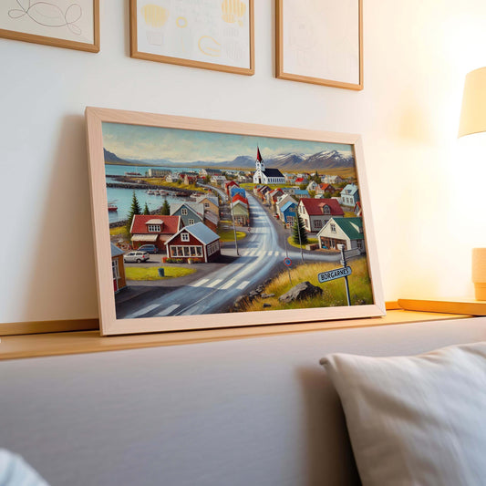 Borgarnes Art Iceland Wall Art Print – Scandinavian Travel Poster, European City Gift, Housewarming Decor, Nordic Landscape Illustration