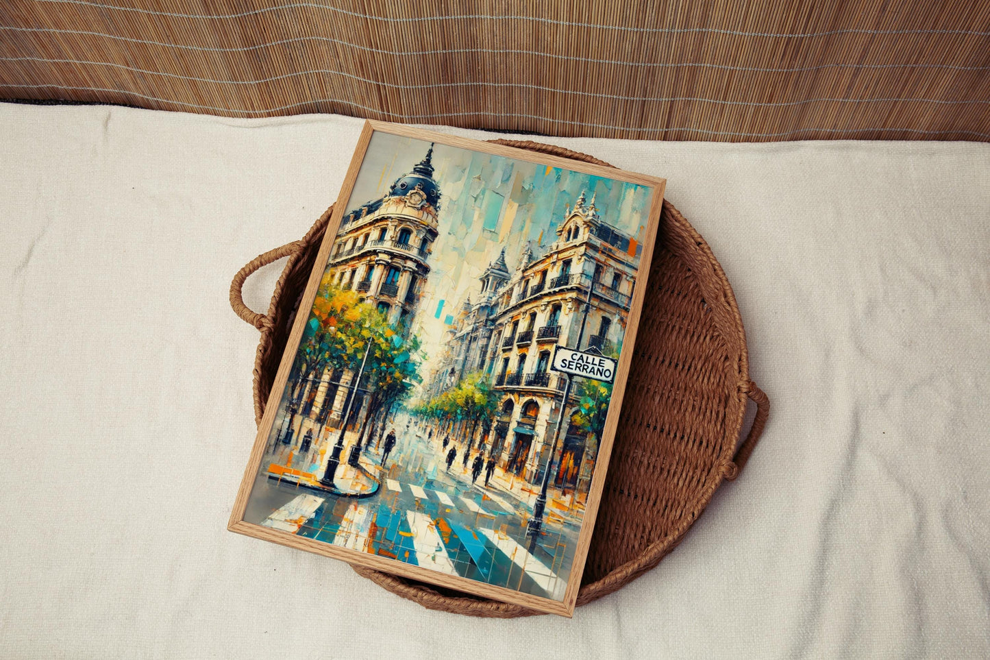 Spain art, Calle Serrano wall art, Madrid print, travel souvenir, cityscape artwork, upscale shopping district, vibrant Madrid wall decor