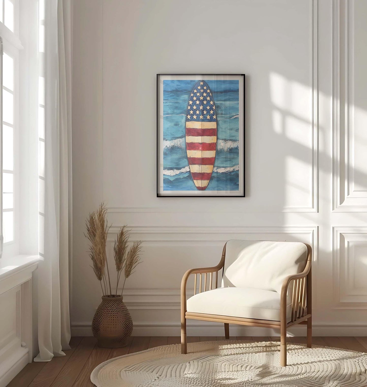 Surfing Artwork USA Wall Art Patriotic Beach House Home Decor Summer Poster United States Coastal Wall Decor