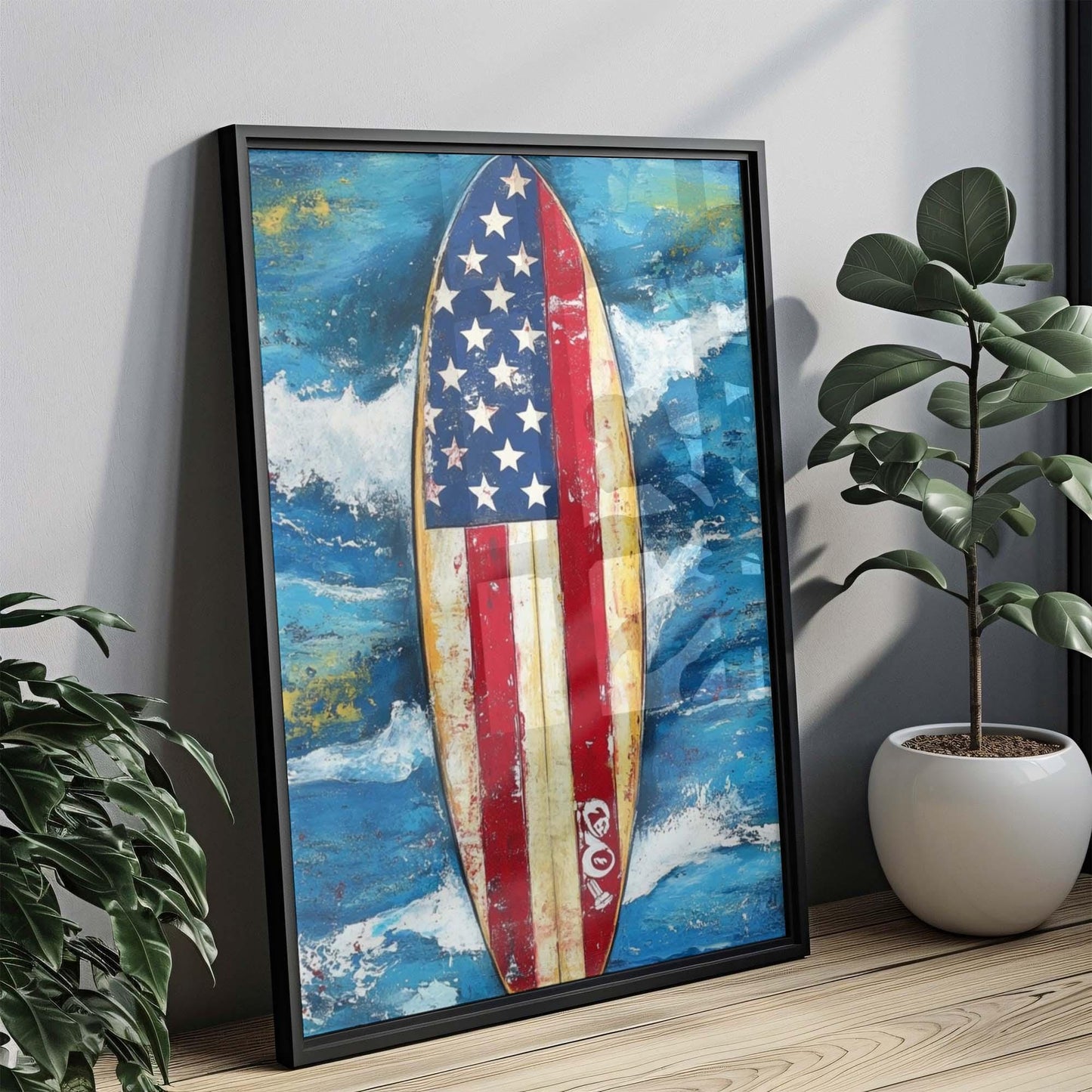 Surfing Artwork USA Wall Art Patriotic Beach House Decor Summer Poster United States Coastal Home Art